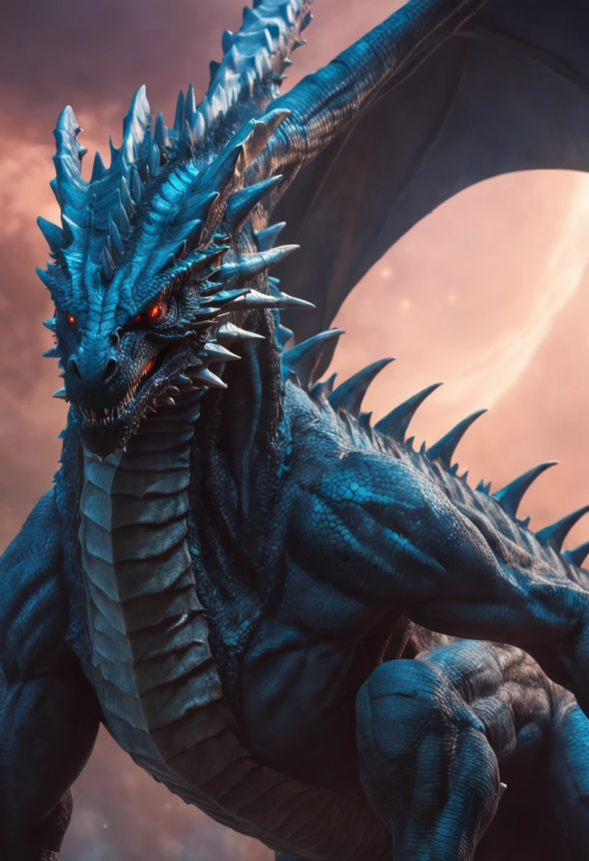 there is a blue Dragon with red eyes sitting on a rock, blue scaled dragon, blue Dragon, hyper real highly detailed, hyper detailed and realistic, hyper-realistic detailed, Detailed dragon, detailed digital 3d art, blue dragon inspired armor, sculpted draconic features, extremely detailed and lifelike, realistic dragon, intricate highly detailed 8k, hyper detailed realistic