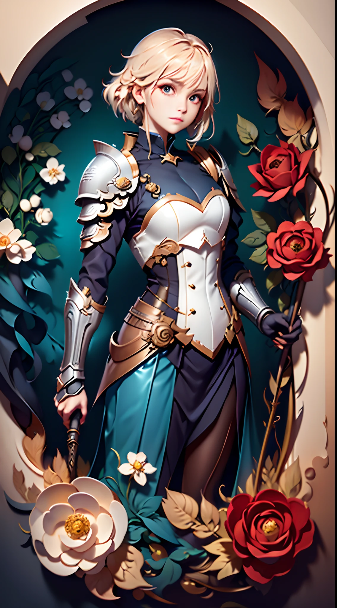 Original Character、Fantasy concept art、Volumetriclighting、best shadow、shallowdepthoffield、Portrait of a noble knight、dignified、Sophisticated tactical heavy armor、shelmet,Shoulder blades、Tassel waistband、Hand Guard、Poleyn、High quality armor texture,broad shoulder,extremely hyper。sword sheath,Stand up,arms folded,Gaze at the viewer,Dazzling sunlight,Rose garden,Rose thorn bush,(HighestQuali,astonishing detail:1.25),(独奏:1.3),Brilliant and colorful paintings