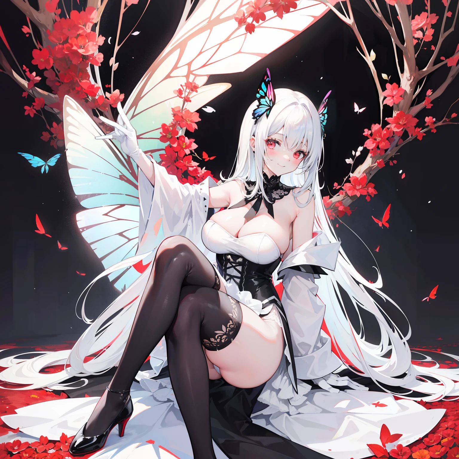 Royal Sister，White waist-length hair，Dignified and elegant，Hair has black dye，white dresses，Black silk long gloves，Black lace lining，Huge body-sized multicolored red butterfly wings like flames，black sash，Black one-piece stockings，White heels，Insect antennae，Red butterfly wings with black spots，Sit among secluded flowers，black lence stockings，great outdoors，fresh flowers，Kind smile，Big Sister，A happy expression，Happy smile，Huge slender butterfly wings，White moonshine temperament，White loose dress，white dresses，white dresses，It has huge red flecked butterfly wings，It has huge red flecked butterfly wings，It has huge red flecked butterfly wings