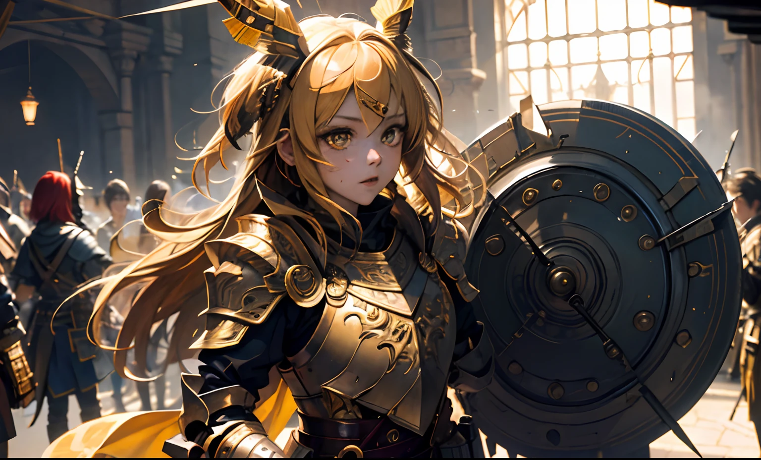 (masterpiece:1.2, best quality:1.1),8K,exquisitedetails,HD,best illustration,wallpaper,exquisitedetails,8 k hd wallpaper:1.6 1girl,12yo,Golden pupils,((Golden eye)),Golden iris,shine:1.6 swords and shields,The flag,Streamers,hisui,diadems,Broken armor,Engrave armor:1.4,Scratches:1.2,combat damage,wounds