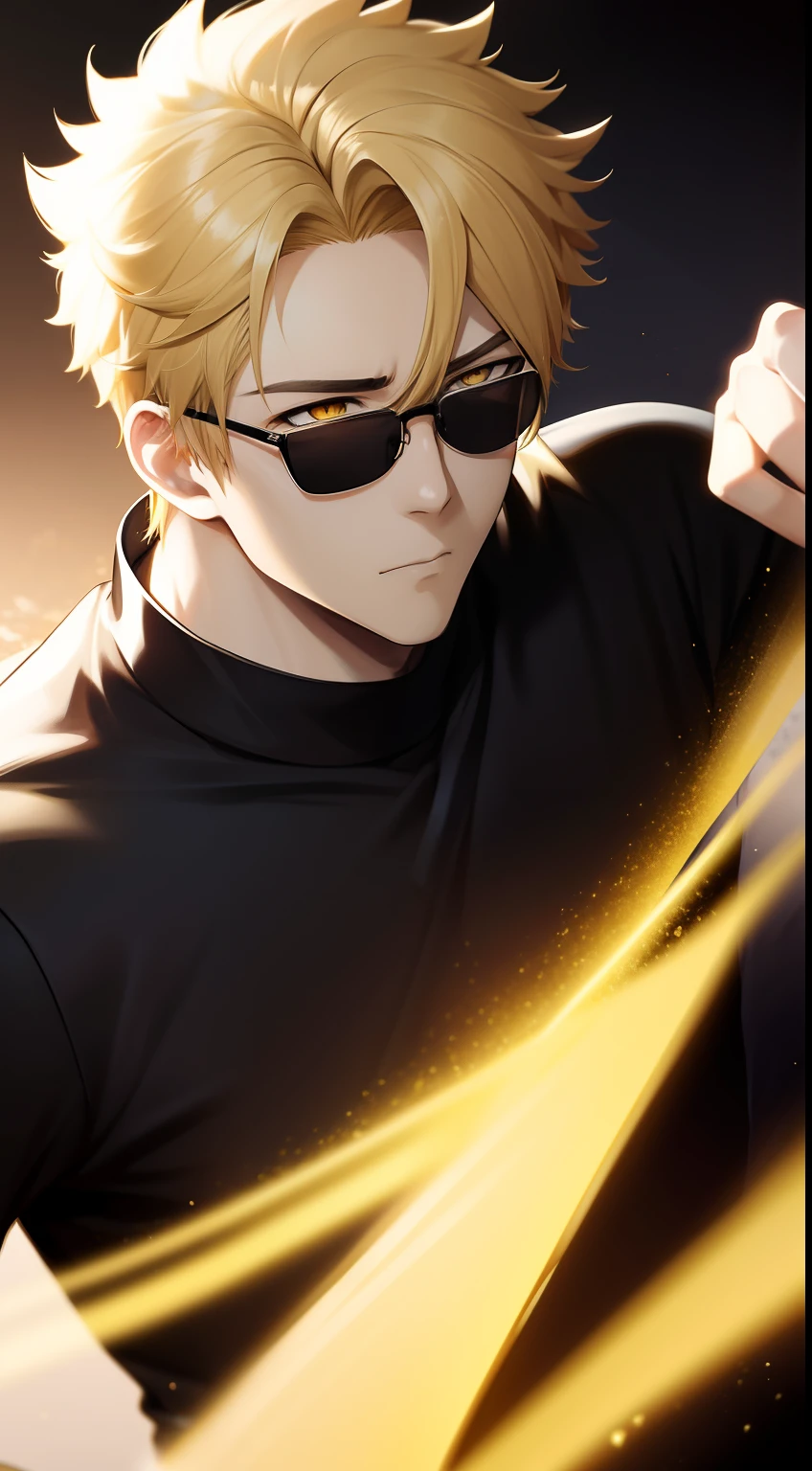 1man, anime style, tsukishima kei, blonde hair, black rectangular glasses, black shirt, black pants, masterpiece, hd, ultra detail, facial detail, full hd, 4k, 8k, golden yellow eyes, short hair