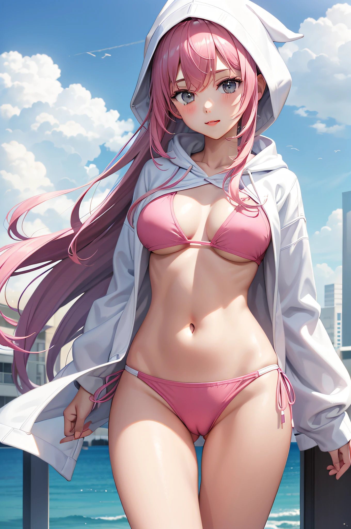 A Young woman wearing an open white hoodie with a pink tight bikini.