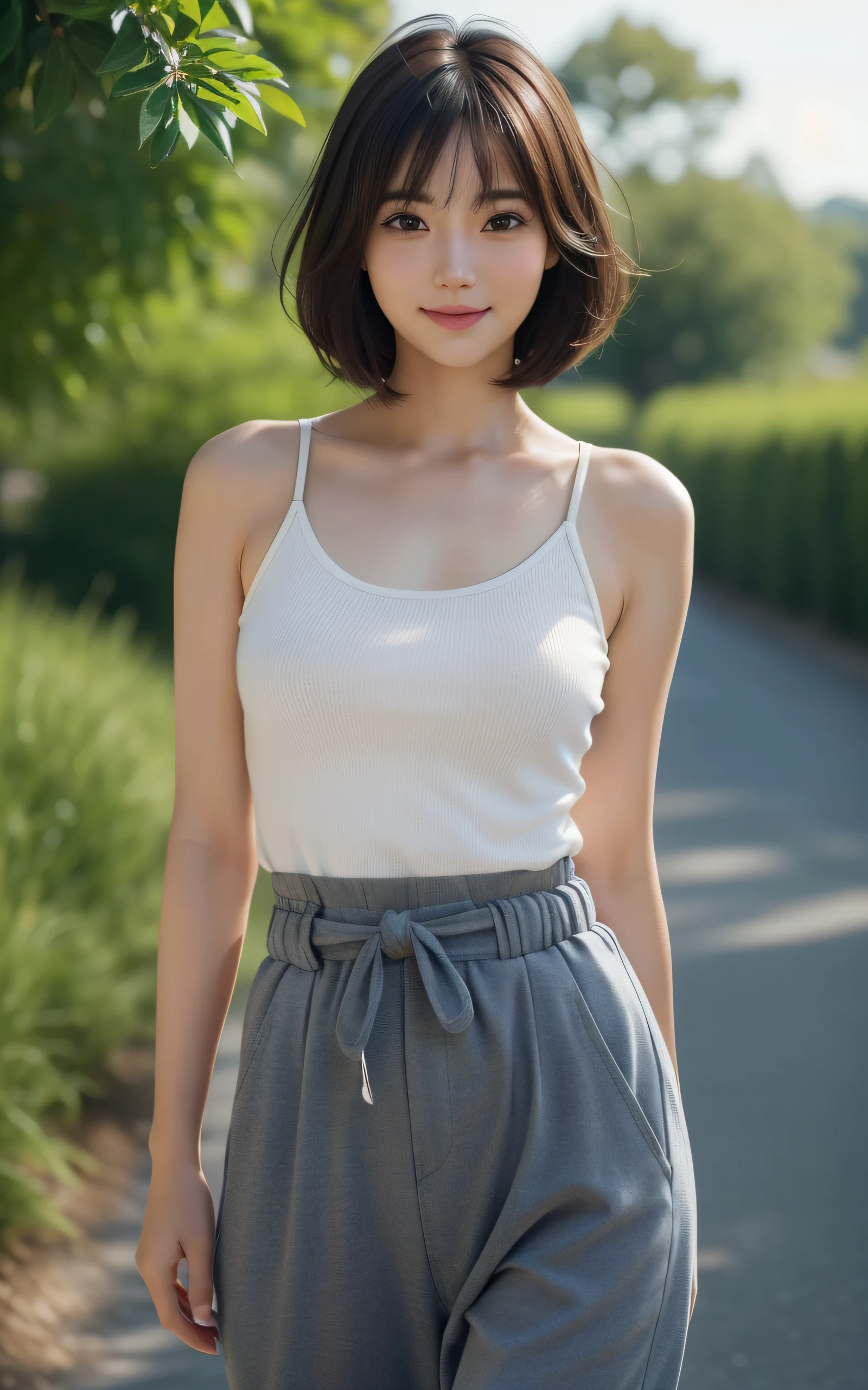 masutepiece, The highest image quality, High quality, Beautiful japanese girl, Cute, Gravure Idol Figure, Detailed, Detailed eyes, Detailed skin, Beautiful skin, Ultra High Resolution, (reality: 1.4),Very beautiful, Slightly younger face, Beautiful skin, slender, (A hyper-realistic), (hight resolution), (8K), (Very detailed) (beautifully detailed eyes), (super detailed), (Wallpaper), (Detailed face), Looking at Viewer, Fine details, Detailed face, Smiling, Tank top, pants, Looking straight ahead, Looking straight ahead, angle from waist up, photos realistic, Bright lighting, Professional Lighting, Mature Woman, (Brown hair, Bob Hair, layers-Cut, Swaying in the wind, Bangs),