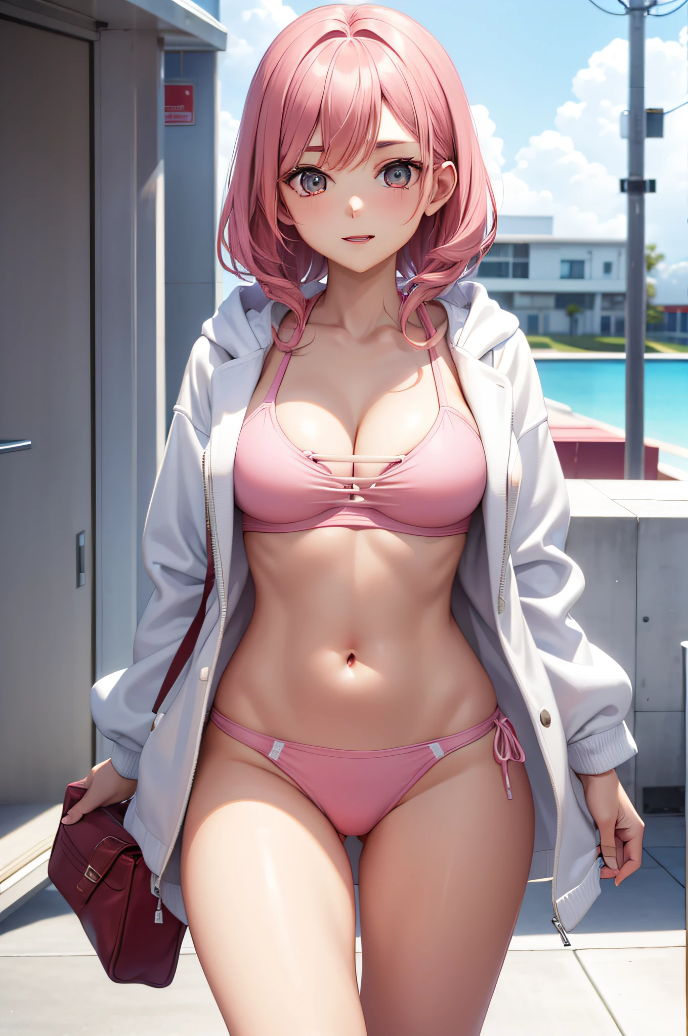 A Young woman wearing an open white hoodie with a pink tight bikini.