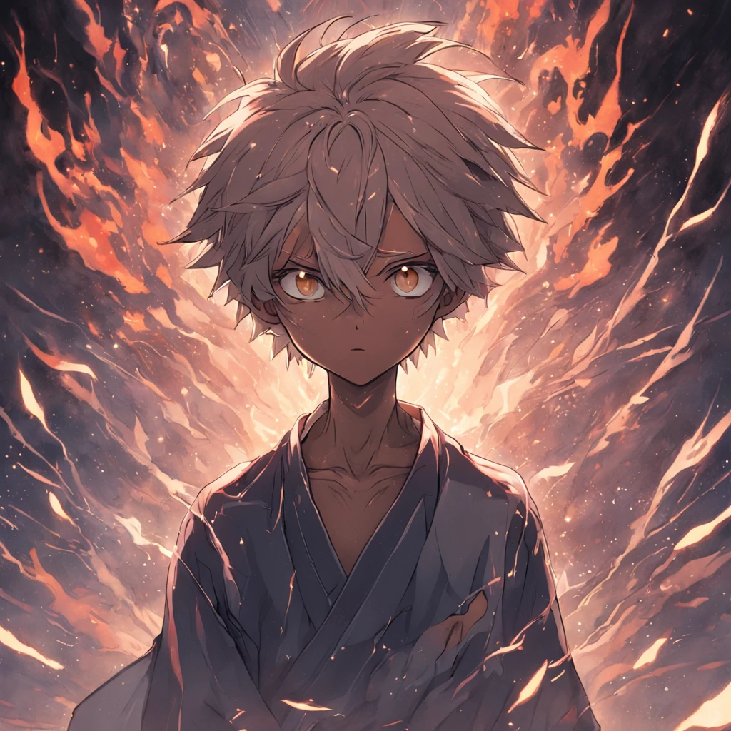 stupidity，dementia，a dark tanned skin，His big eyes glowed with clarity，whaite hair