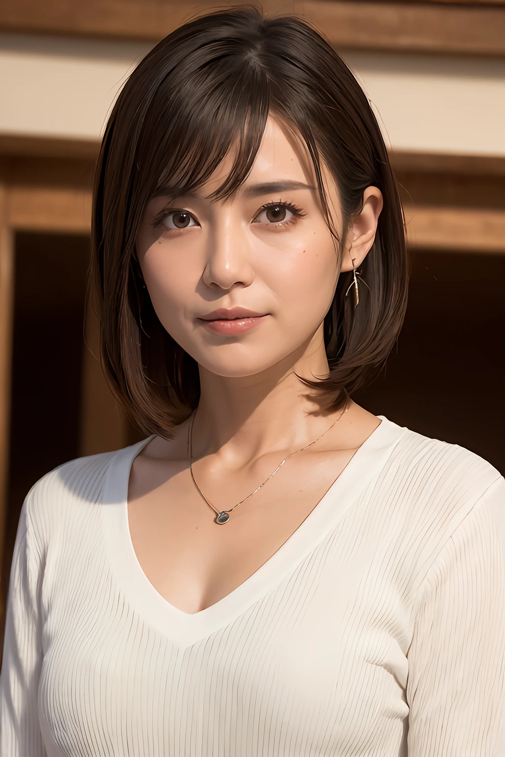 (in 8K, top-quality, ​masterpiece:1.2), (realisitic, Photorealsitic:1.37), ultra-detailliert, Natural sunlight, mideum breasts, Valley, 1 persons, 35-year-old woman, Dark hair, Pendants, Torn shorts, Light Knit V-Neck Shirt, At the time of performance, extremely detailed face and skin, A detailed eye, extremely detailed face and skin