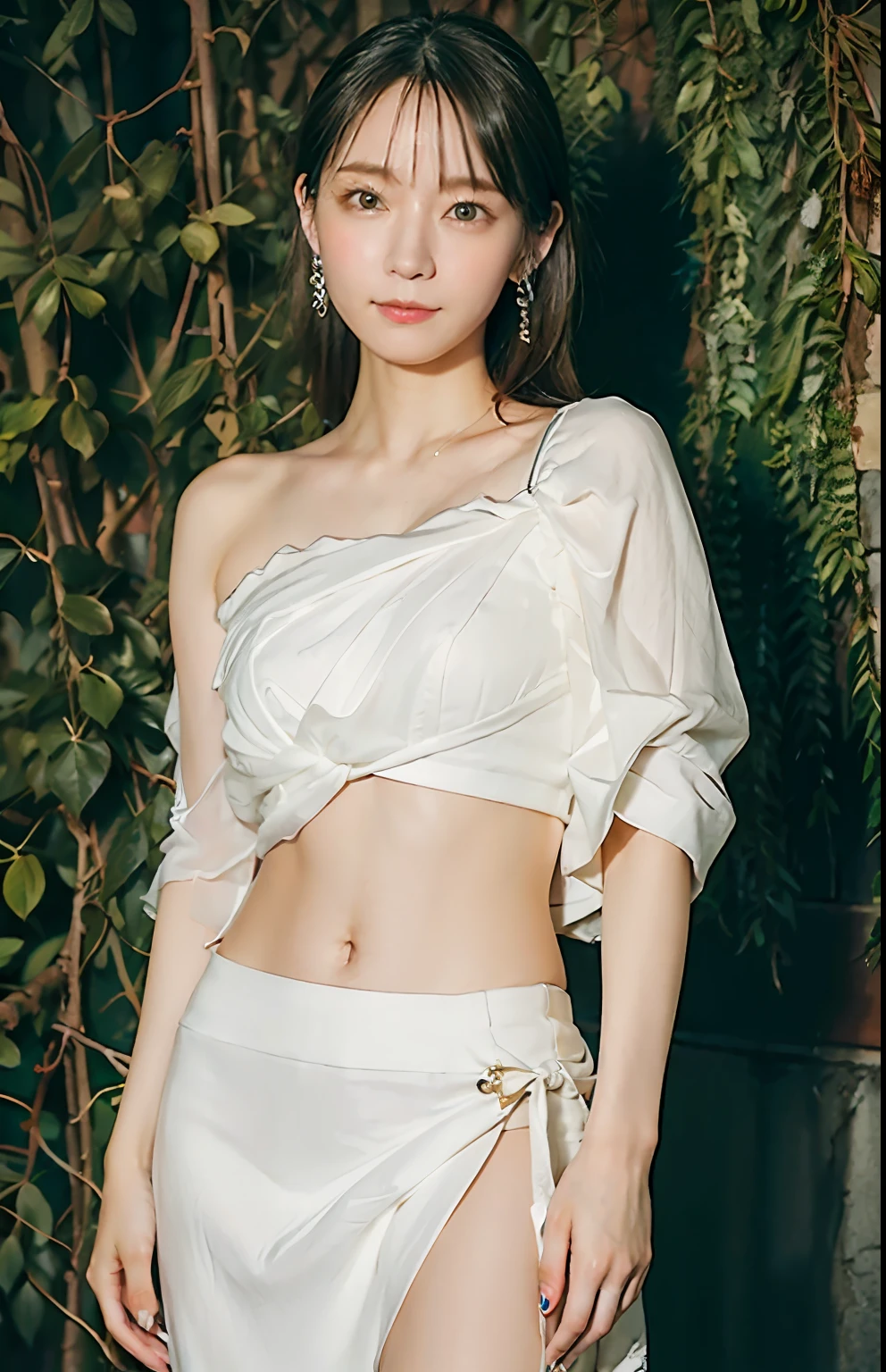 modern hanfu,collarbone,, ((whole body)), ((from below)), ((gufeng,bare shoulders)), ((The skirt is short)),((Leaking beautiful legs)), clear face, pretty face, 8k, masterpiece, original photo, best quality, detail:1.2,lifelike, detail, Very detailed, CG, unity, wallpaper, depth of field, movie light, lens flare, Ray tracing, (extremely beautiful face, beautiful lips, beautiful eyes), complicated, detail的脸, ((ultra detailed skin)), 1 girl, in the darkness, deep shadow, beautiful korean girl, kpop idol,(Very slim figure:1.3), plump breasts, Slender sexy legs, elegant posture, (bright smile), (City night, (neon lights), (night), beautiful korean girl, white diamond earrings, diameter bracelet, Dia Necklace, clear eyes, facing forward, (big eyes)