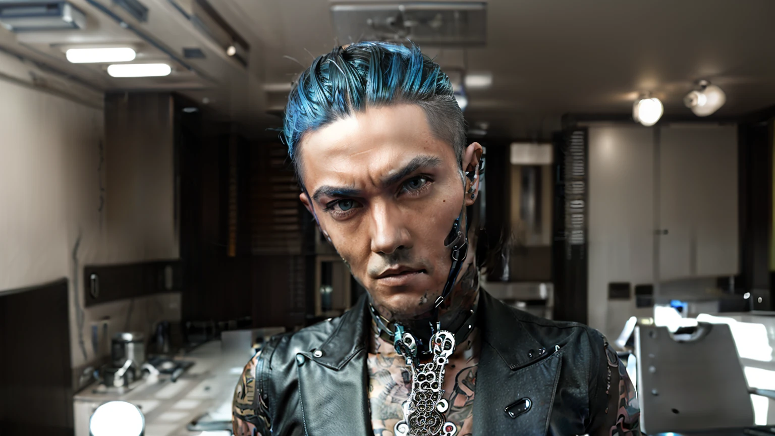 Change background cyberpunk handsome, Futuristic depiction of a perfectly tattooed man with high-tech mechanical prosthetics