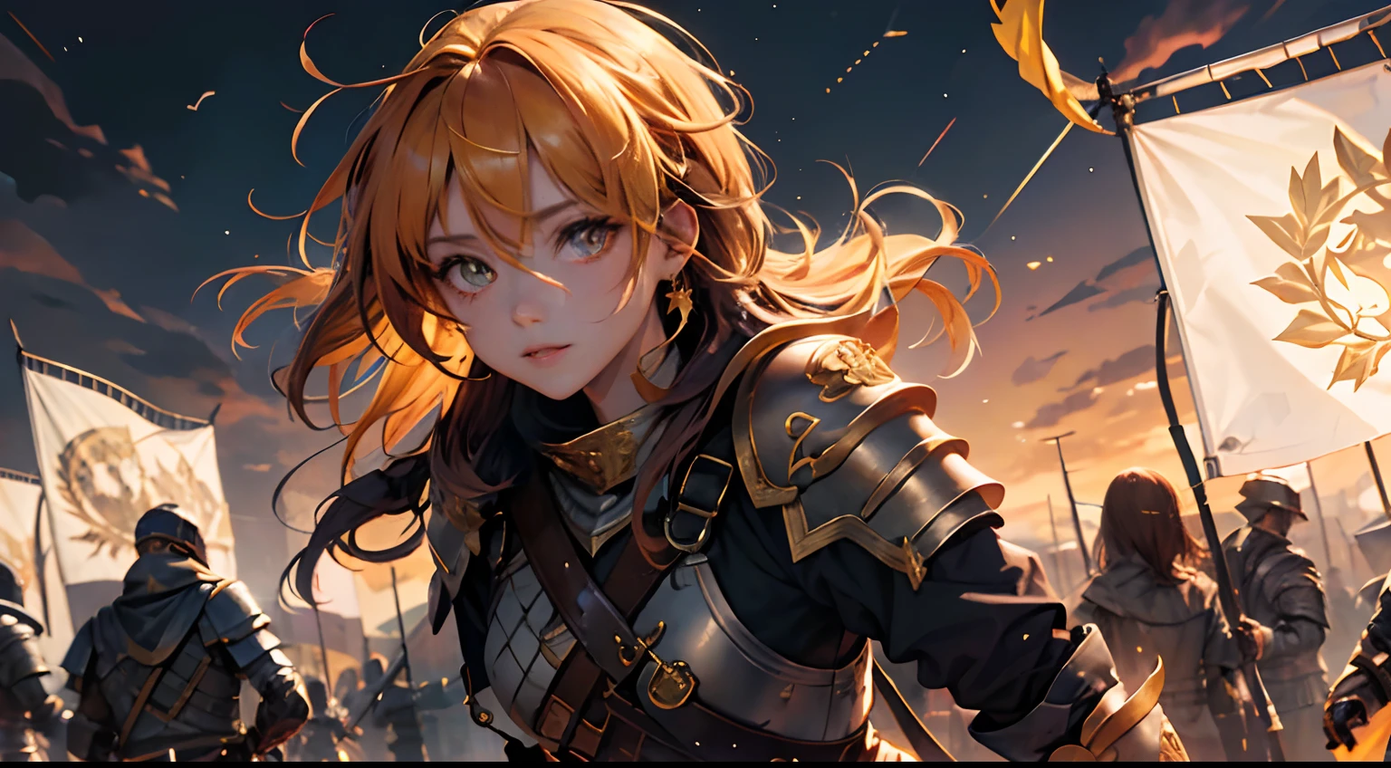 (masterpiece:1.2, best quality:1.1),8K,exquisitedetails,HD,best illustration,wallpaper,exquisitedetails,8 k hd wallpaper:1.6 1girl,yo,Golden pupils,((Golden eye)),Golden iris,shine：1.6 swords and shields，The flag，Streamers，hisui，diadems，Broken armor，Engrave armor：1.4，Scratches：1.2，combat damage，wounds