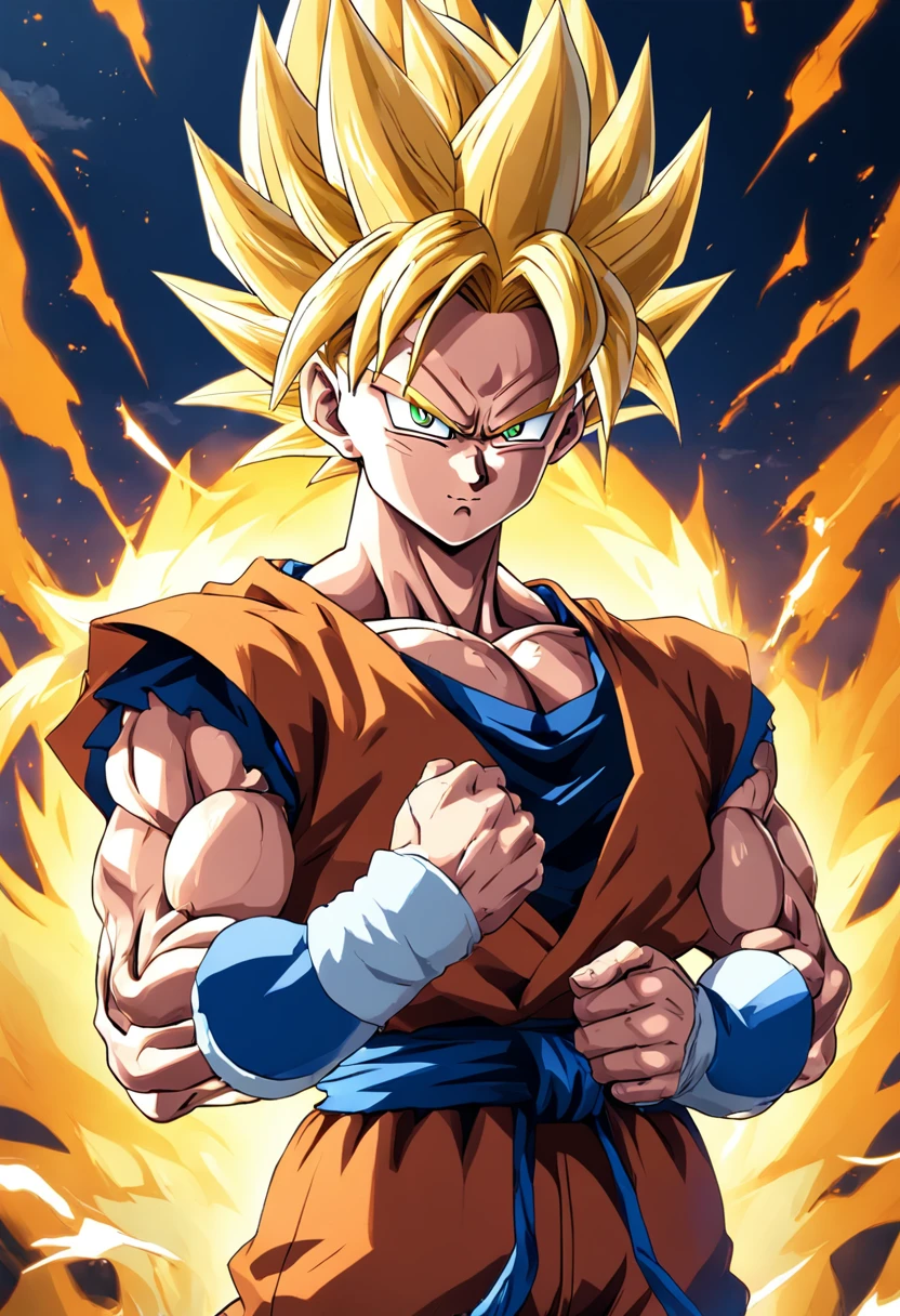 Masterwork, 1 man, son Goku, super Saiyan, blonde hair, Battle damage, aura dorada, intimidating and cold expression, intimidating posture