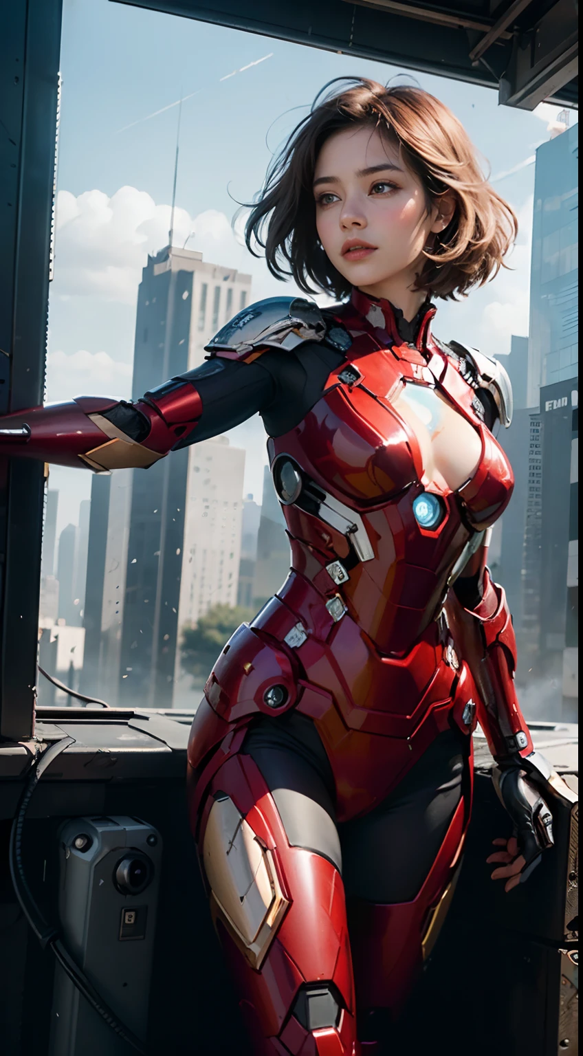 (1girl in:1.3), Solo,__body-parts__, Official art, Unity 8k壁纸, ultra-detailliert, Beautiful and aesthetic, Beautiful, masutepiece, Best Quality, raw, masutepiece, Super Fine Photo,, Best Quality, 超A high resolution, Photorealistic, Sunlight, Full body portrait, stunningly beautiful,, Dynamic Pose, Delicate face, Vibrant eyes, (Side view), she is wearing a futuristic Iron Man mech, red and gold, Very detailed abandoned warehouse background, Detailed face, Detailed complex busy background, busty, Gorgeous, Milky, High detailed skin, Realistic skin details, Big Breast, Sharp Focus, Volumetric fog, 8K UHD, dslr camera, High quality, Film grain, Fair skin, Photorealism, Lomography, sprawling metropolis in a futuristic dystopia, View from below, translucent