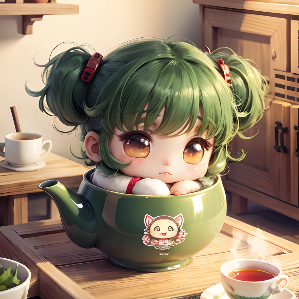 Cute chibi anime in a cup, wear green kimono, drink tea, logo