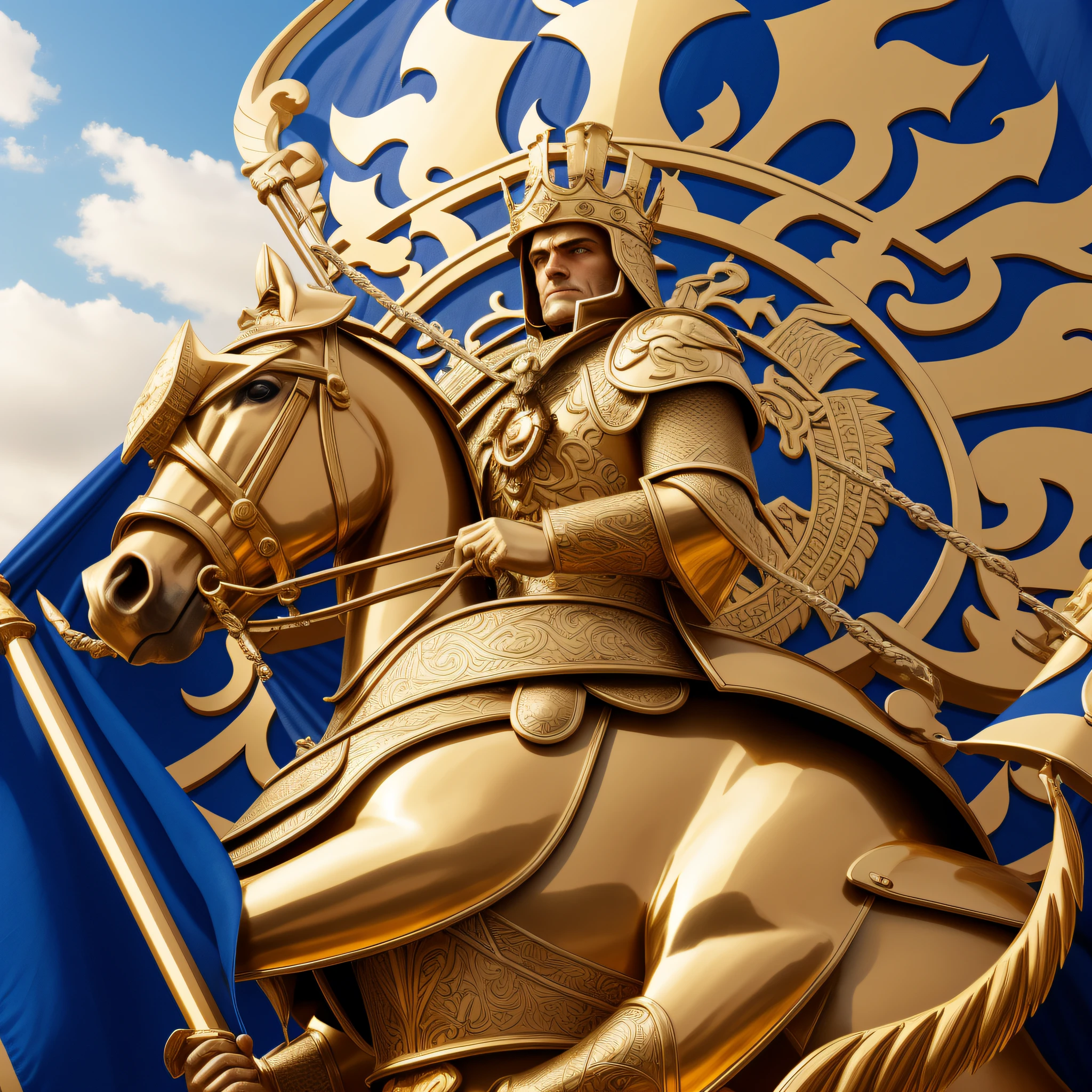 1. cavalier, royal, wearing crown, Gold armor, Highly detailed, Reality 2. Shining armor, Majestic, Regal, opulent, Royal coat of arms, Intricate details 3. powerful stance, Proud, Heroic, Chiseled feature 4. The sun shines on the armor, Pondering, Dazzle 5. Sword Raised, preparing to fight, Expression of determination 6. battlefield, epic landscapes, Dramatic lighting, Clouds, Hill 7. background castle, Waving flags, Imposing architecture 8. Flowing cape, elegant, Flowing hair, The wind blows 9. steed, Noble horse, Armored, Strong, Majestic 10. A shield, Printed with royal coat of arms, Perfect polishing.logo,T-shirt,