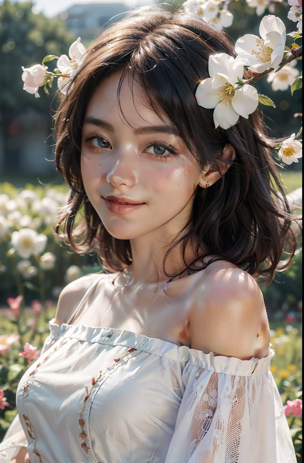 Best quality, masterpiece, ultra high res, (photorealistic:1.4), raw photo, 1girl, white dress, off shoulder, blossom flower field, glowing skin, light smile
