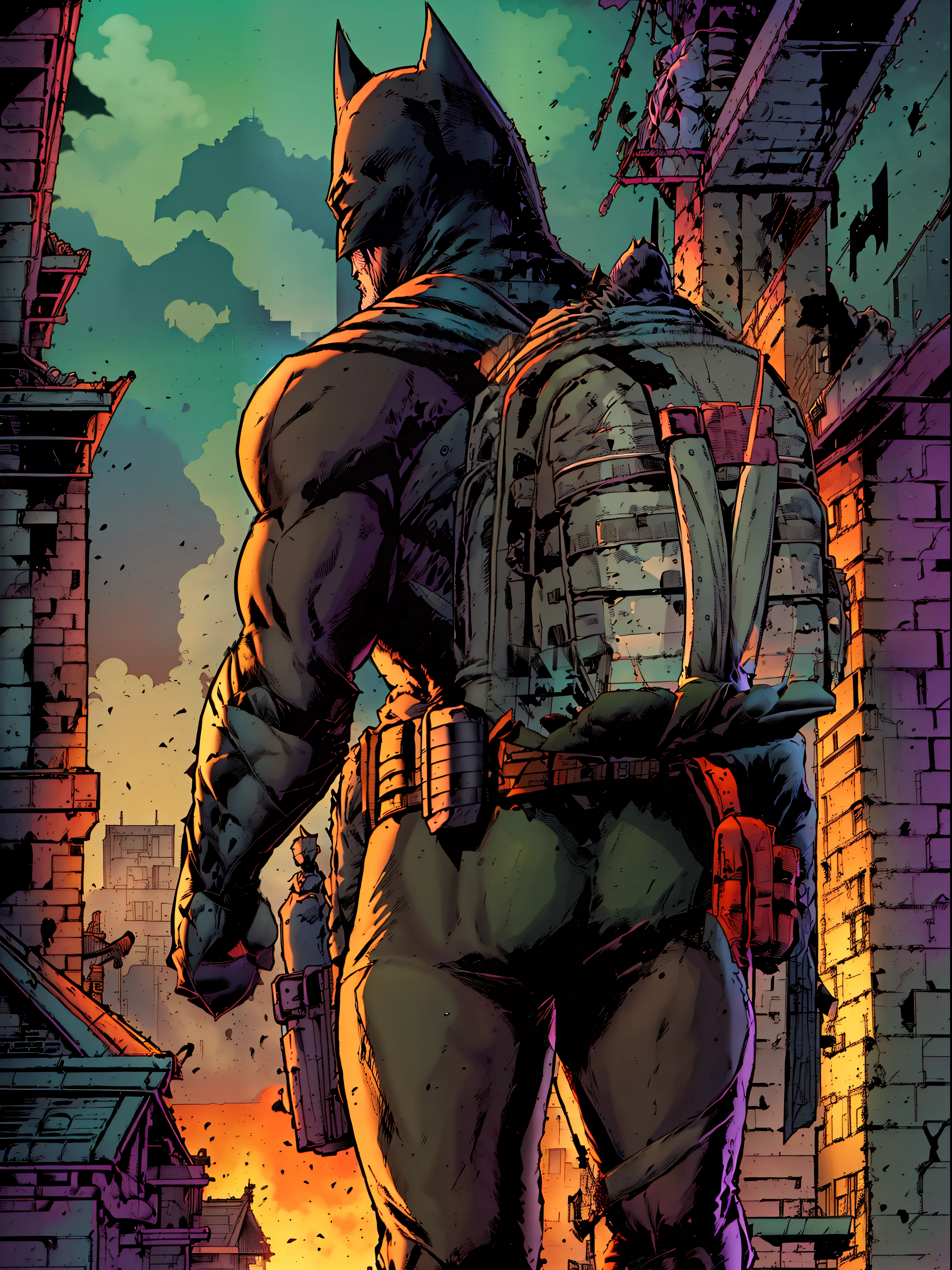 Back view, Batman confidently stands atop the towering buildings of Gotham City, displaying his unparalleled vigilante abilities. Gripping a mysterious backpack in shoulder and another backpackin his hand, he meticulously examines its contents, professional photography