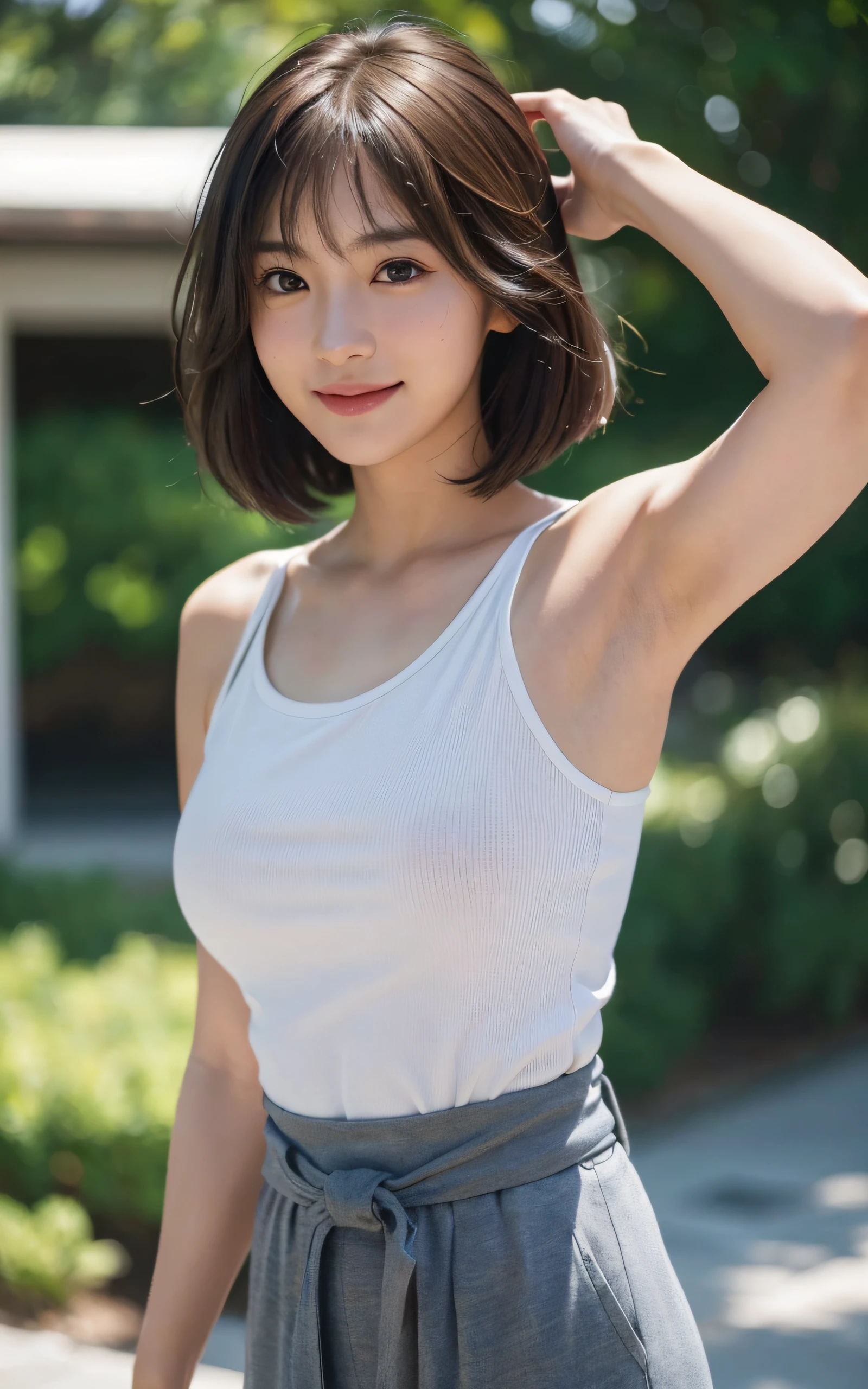masutepiece, The highest image quality, High quality, Beautiful japanese girl, Cute, Gravure Idol Figure, Detailed, Detailed eyes, Detailed skin, Beautiful skin, Ultra High Resolution, (reality: 1.4),Very beautiful, Slightly younger face, Beautiful skin, slender, (A hyper-realistic), (hight resolution), (8K), (Very detailed) (beautifully detailed eyes), (super detailed), (Wallpaper), (Detailed face), Looking at Viewer, Fine details, Detailed face, Smiling, Tank top, pants, Looking straight ahead, Looking straight ahead, angle from waist up, photos realistic, Bright lighting, Professional Lighting, Mature Woman, (Brown hair, Bob Hair, layers-Cut, Swaying in the wind, Bangs),