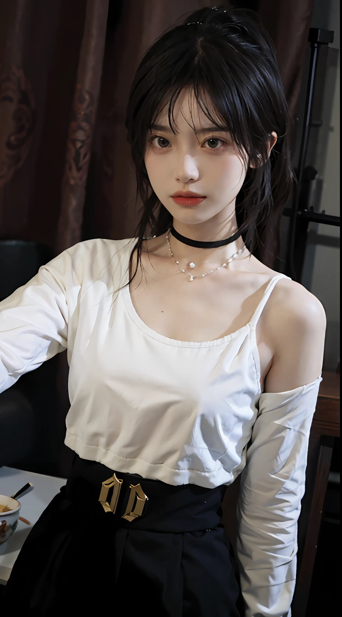 best qualtiy, 超高分辨率, (realisticlying:1.4),cute hairpin,Baoyu Girl,1girll, Raised sexy,a sense of atmosphere,Royal Sister,Beautiful woman with a slim figure:1.4, Abs:1.2, (High ponytail, mideum breasts:1.3), Pink cropped sweater:1.4, 浴室,Ultra-fine face,Elaborate Eyes,二重まぶた,ssmile,choker necklace