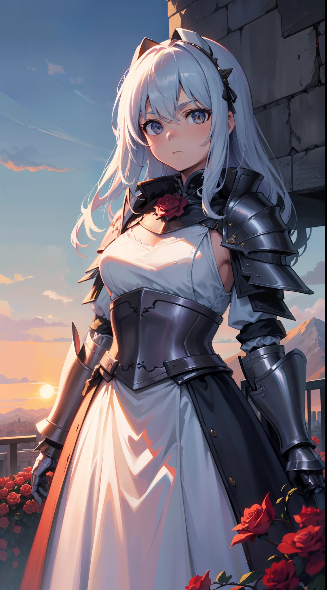 Clouds， view over city， mountain ranges，Original Character、Fantasy concept art、Volumetriclighting、best shadow、shallowdepthoffield、Portrait of a noble knight、dignified、Sophisticated tactical heavy armor、shelmet，Shoulder blades、Tassel waistband、Hand Guard、Poleyn、High quality armor texture，broad shoulder，extremely hyper。sword sheath，Stand up，arms folded，Gaze at the viewer，Dazzling sunlight，Rose garden，Rose thorn bush，（HighestQuali，astonishing detail：1.25），（独奏：1.3），Brilliant and colorful paintings