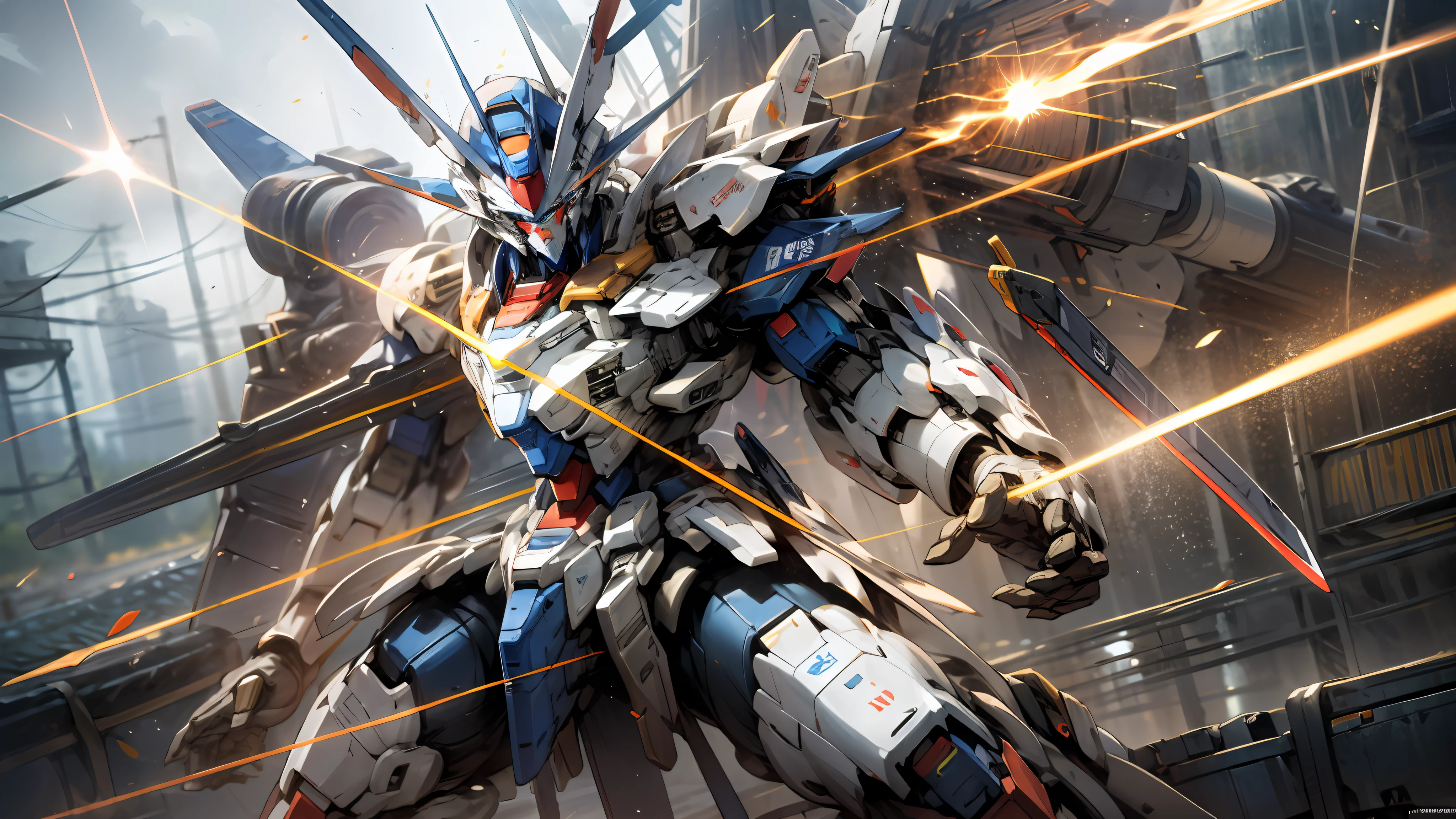 Super realistic,2 Gundam Warriors,Weapon in hand,Duel status,combat state,Laser cannon,Laser sword,battleground background,wallpaper hd,8K, mecha
