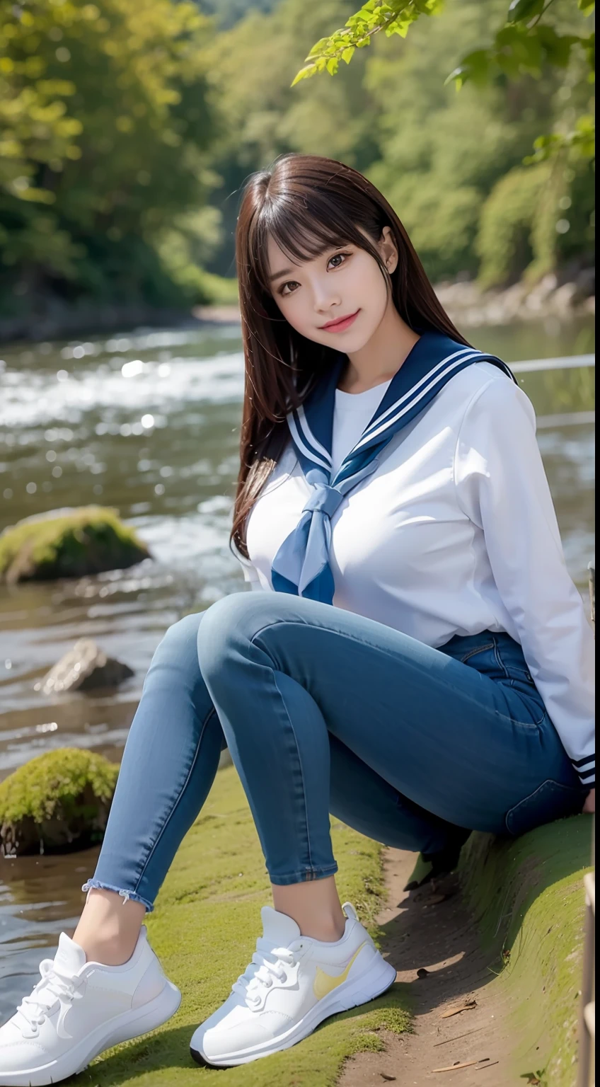 a pregirl,horse tailed,Large breasts, ssmile, looking at viewert, sailor uniformm,skintight jeans, athletic sneakers,photore, realisticlying, Best quality at best, employee, 详细的脸, Sitting on a tall mossy rock by the river in the middle of the woods, diffuselighting, depth of fields, Background bokeh
