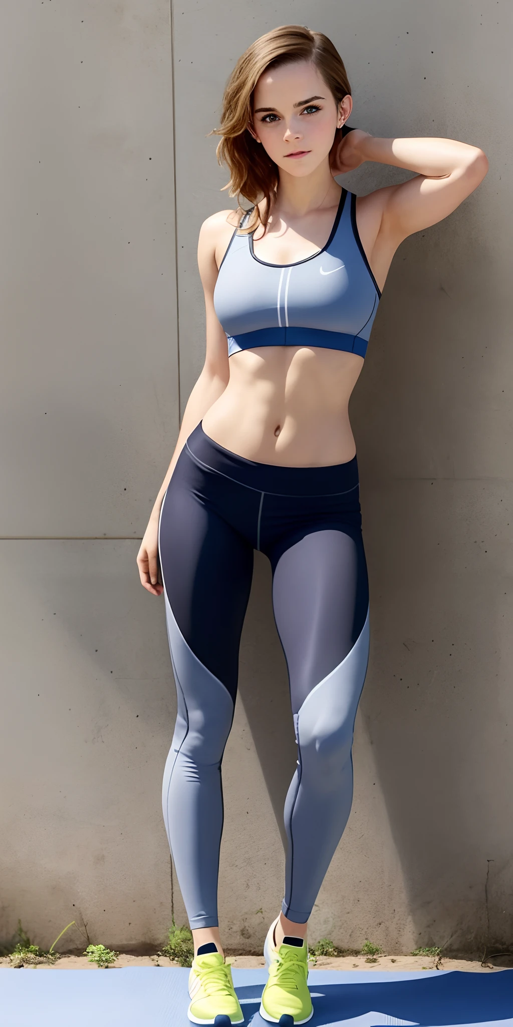 slim woman in a blue top and grey tight leggins posing for a picture, small breasts, slim thighs, skinny waist and hips, tight outfit