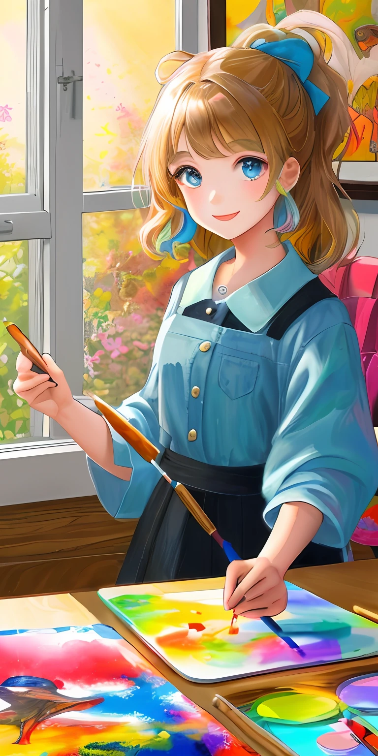 A little little girl with a wide smile holding a painting brush that glows! it is surrounded by many colored pencils, brushes and paints of many colors, warm sun sprinkling over it, adding to the playful atmosphere, --v6
