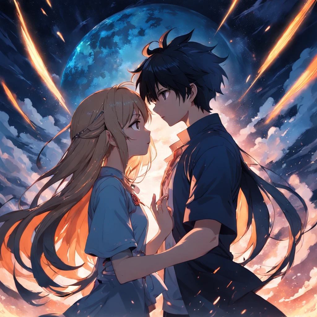 1girl1boy,face to face,hands in arms,The breeze blows through