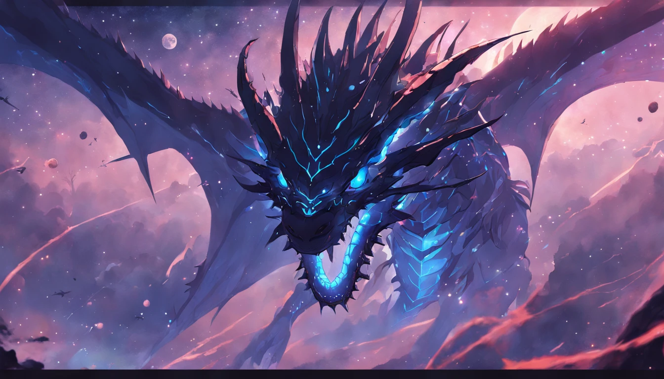 A close-up of a black dragon, ojos azules brillantes y profundos, alado, con un planeta en el fondo, epic fantasy sci fi illustration, epic fantasy digital art style, Colores obas curos predominando el negro y el azul, epic scifi fantasy art, 4K fantasy art, amazing space creature 4 k, fantasy planet, wide angle fantasy art, 8k fantasy art, Concept Art Wallpaper 4K, epic fantasy illustration, epic fantasy digital art, 8K impresionantes obras de arte