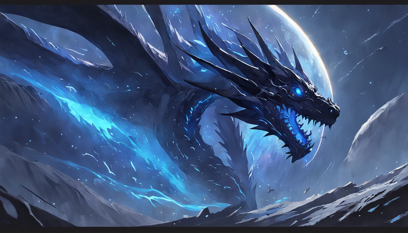 A close-up of a black dragon, ojos azules brillantes y profundos, alado, con un planeta en el fondo, epic fantasy sci fi illustration, epic fantasy digital art style, Colores obas curos predominando el negro y el azul, epic scifi fantasy art, 4K fantasy art, amazing space creature 4 k, fantasy planet, wide angle fantasy art, 8k fantasy art, Concept Art Wallpaper 4K, epic fantasy illustration, epic fantasy digital art, 8K impresionantes obras de arte