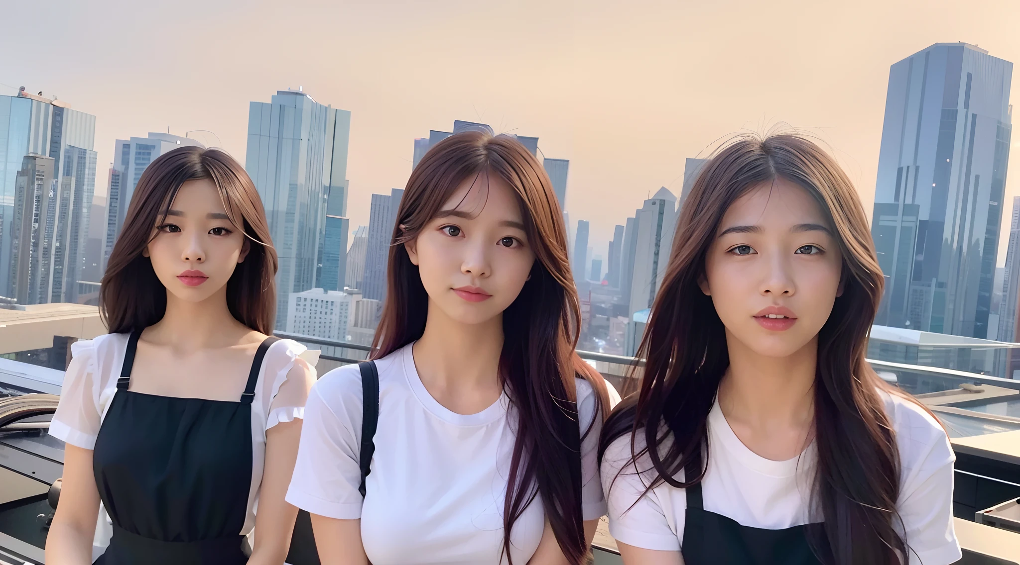 Three women in black and white dresses stand on the roof, beautiful faces aesthetic, ulzzangs, bae suzy, 4 k'' ], 4K], 8K)), IU, exclusive, CGCOSIETY, jaeyeon nam, 8K selfie photos, 8K Artgerm bokeh, smooth in _ Background with, personal profile picture, # overclocking, #overclocking