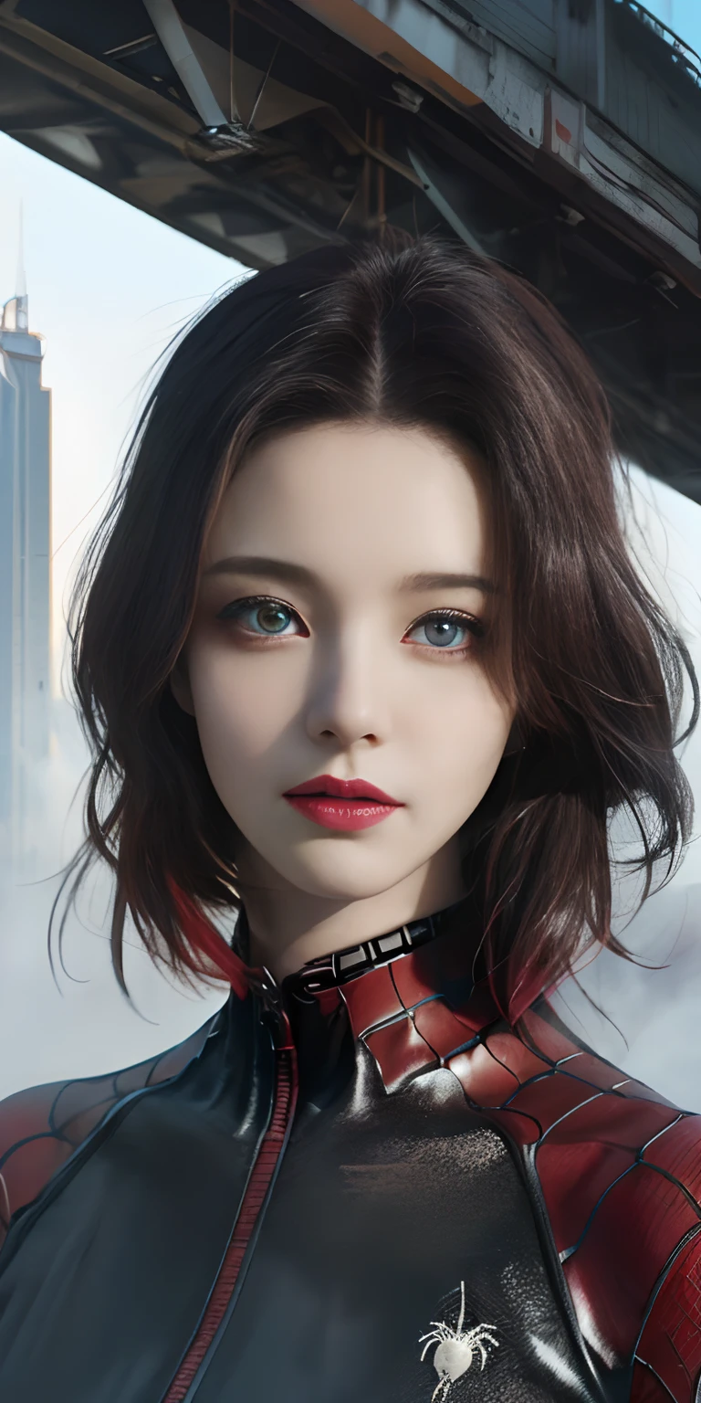 （1girll：1.3）， 独奏， （（（very vey very detailed face））），（（very detailed eyes and faces））），Full body photo，beatiful detailed eyes，Body parts__，offcial art，Unified 8k wallpaper，ultra-detailliert，Beautiful and beautiful，big breasts beautiful，tmasterpiece，best qualtiy，primitive，tmasterpiece，ultra fine photos，best qualtiy，超高分辨率，photorealistic realism，rays of sunshine，full-body portraits，stunningly beautiful，，dynamicposes，delicated face，Vibrant eyes，（From the front side）， she is in a spider-man suit，Red and black color scheme，arachne，Very detailed city roof background， Roof，looking over city，详细的脸，detailed complex busy background，Untidy，opulent，milkyW，highly detailedskin，Realistic details of skin，Visible pores，Clear focus，volume fog，8K  UHD，digital SLR camera，high qulity，filmgrain，White skin of the，photo-realism，DL，A huge metropolis of the dystopia of the future， semi transparent