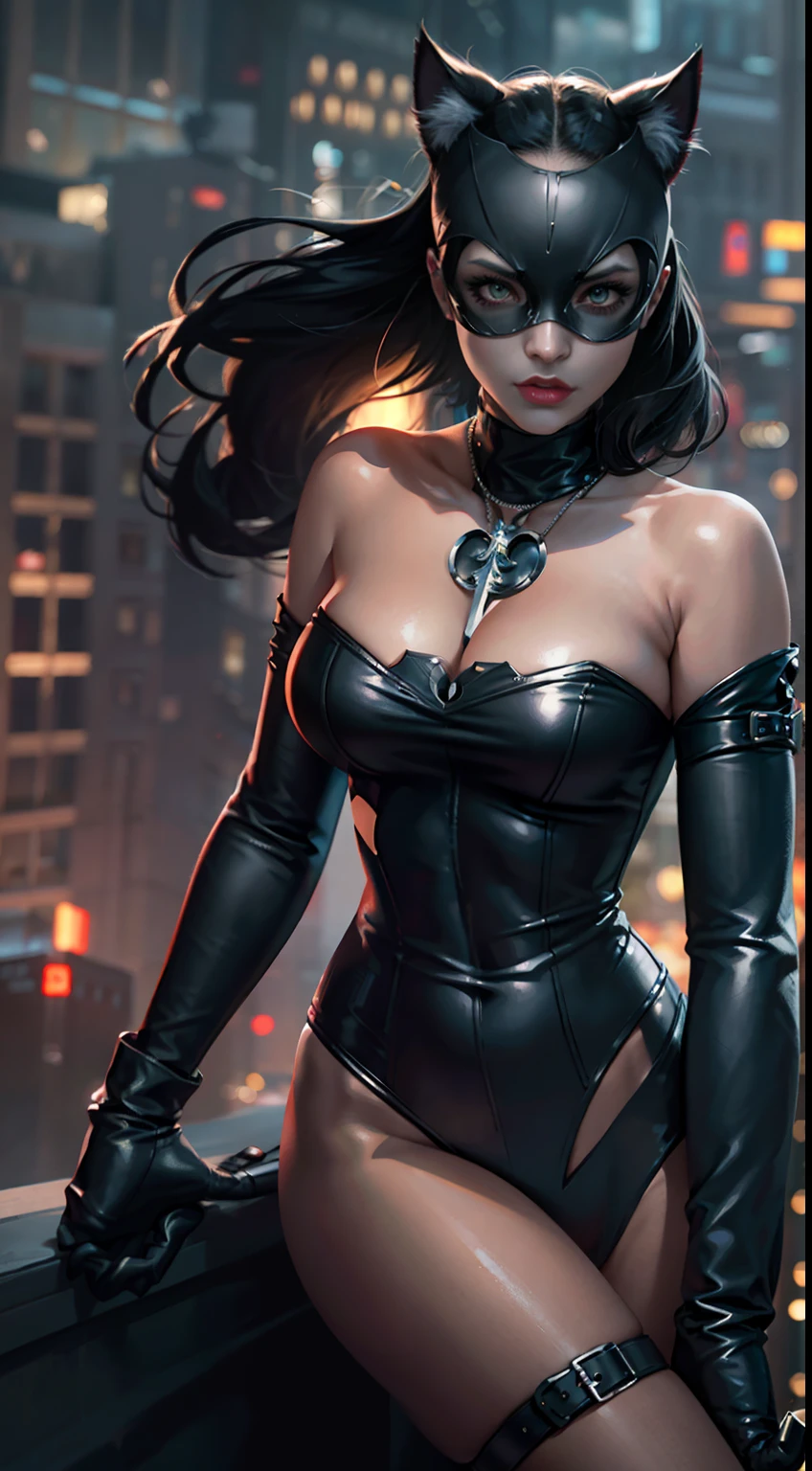 Background Gotham City,Batman Catwoman in a black suit stands in the middle of the city, Extremely detailed Artgerm, Cat woman, Catwoman, Style Artgerm, wojtek fus, cgsociety - w 1 0 2 4 - n 8 - i, IG model | Art germ,(realisticlying:1.2),(hentail realism),(tmasterpiece:1.2),(best qualtiy),(Hyper-detailing),(8K,4K,复杂),(full body shot shot:1),(85mm),Particle light,illuminating,(high detal:1.2),(Detailed face:1.2),largeeyes,beautiful goddess woman,putting makeup on,s the perfect face,Perfect lighting,1girll,DC Super Hero Movie,Catwoman in Batman,neko girl,brunette color hair,(Catwoman Selina Kyle),short detailed hair,(Hands stretch out sharp claws),Death glow,Serious look, cat paws,Hand with long claws outstretched,The whole body is wrapped in a fur coat,tight leather clothes,Sexy set,(Openwork onesies),high-heels,Thin waist and thick hips,long leges,huge boob,(Glowing skin),Glowing skin,The wind blows to the top,White aura of power,green pupills,Gravel background,Broken ground,Full moon in downtown Gotham,(finelydetailedskin:1.3),cinematric light,edge lit,超高分辨率,Best shadow,delicated,octanerender,unreal-engine,Stroll through the high-rise buildings of Gotham City,Fighting posture,