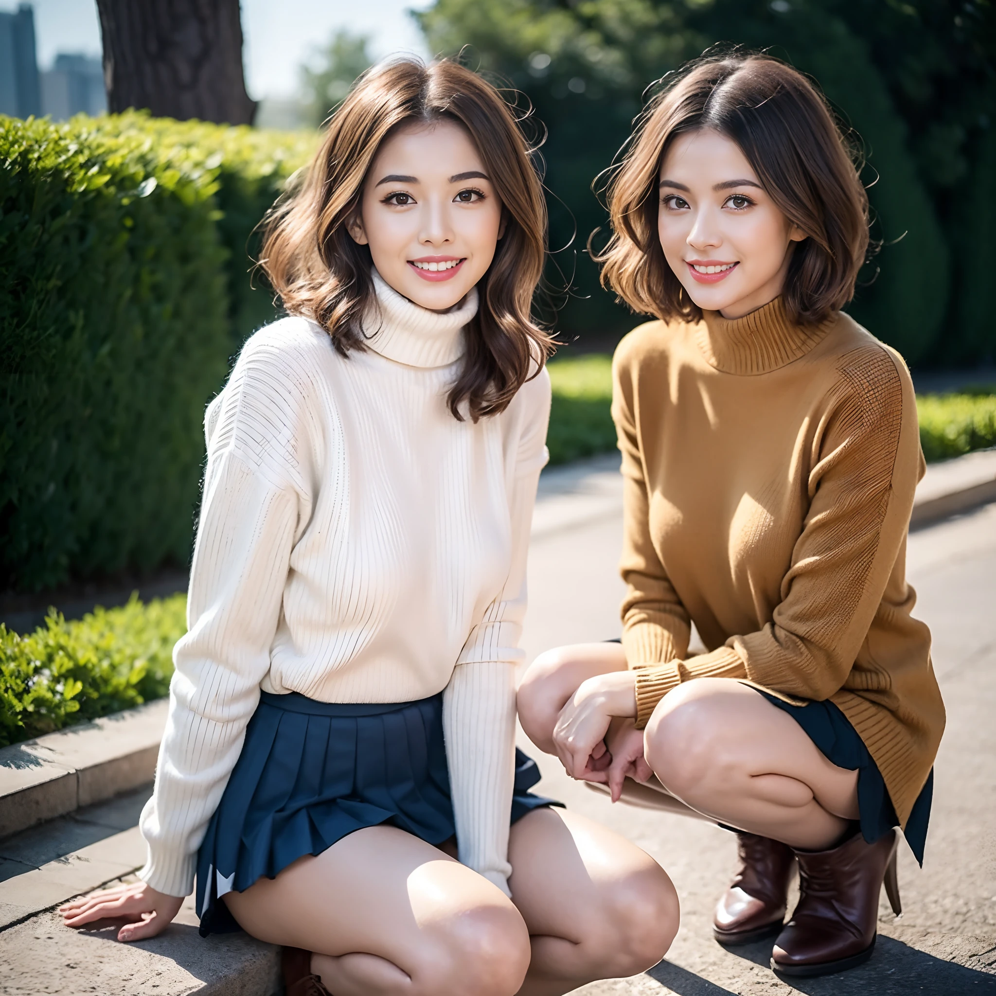 (masterpiece), best quality, expressive eyes, perfect face,(clearly:1.3),1girl,brown eyes,brown hair,short hair,(wavy hair:1.4),white sweater,high neck,long sleeves,(black pleated skirt:1.2),(miniskirt:1.2),brown boots,public park,(white panties:1.3),evil smile,cinematic pose,nsfw,cameltoe,trefoil,crotch seam,squatting,knees up,closed legs,closed knees