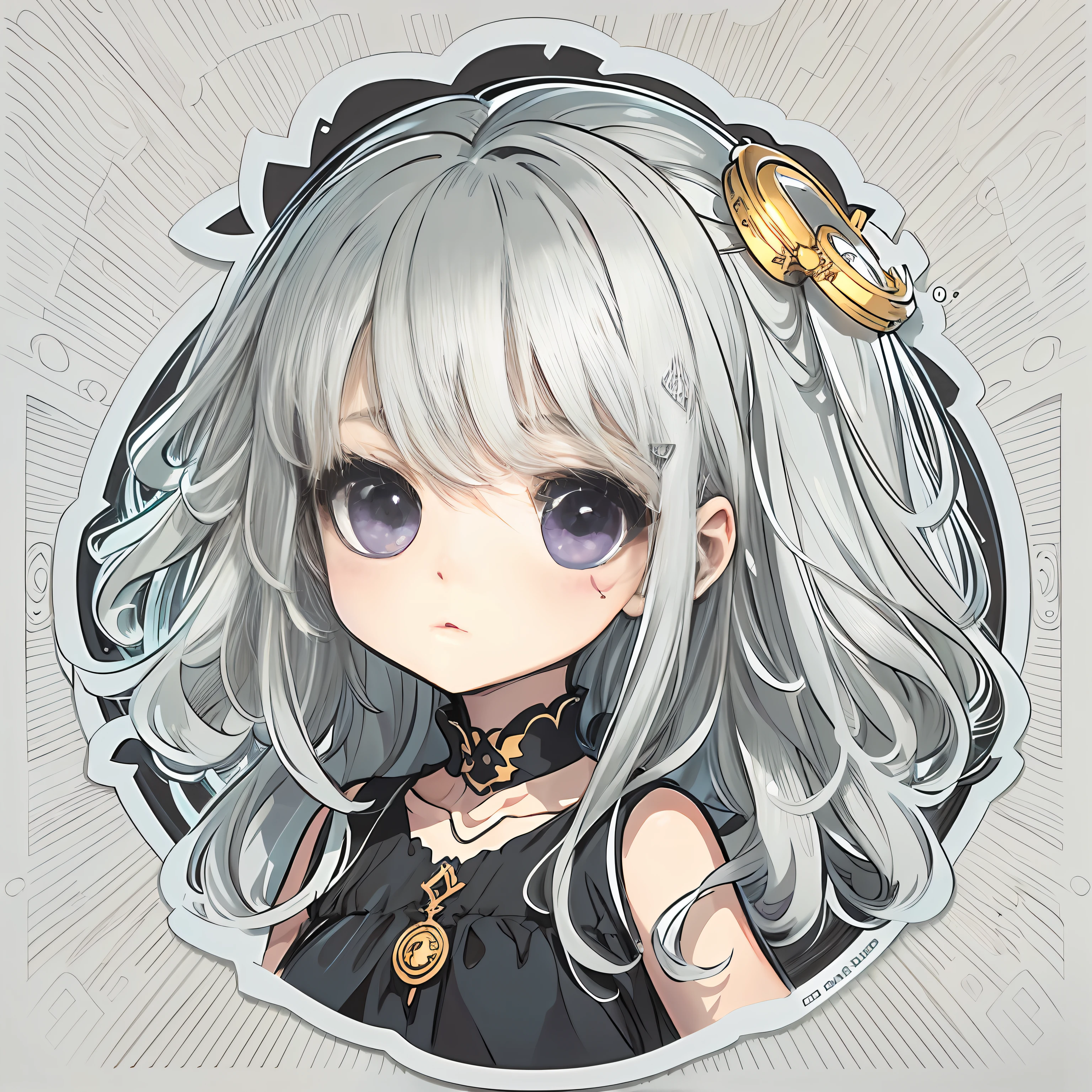 Sticker, Cute anime girl head, Long silver-white hair style,Deep purple eyes,lovely black dress,in circle, White background, Golden,Simple, Ultra detailed, Detailed drawing, vectorised, Silhouette, 8K, professional sticker design, Flat design, Vector lines, Sticker, Drawing, Drawing, Full-HD