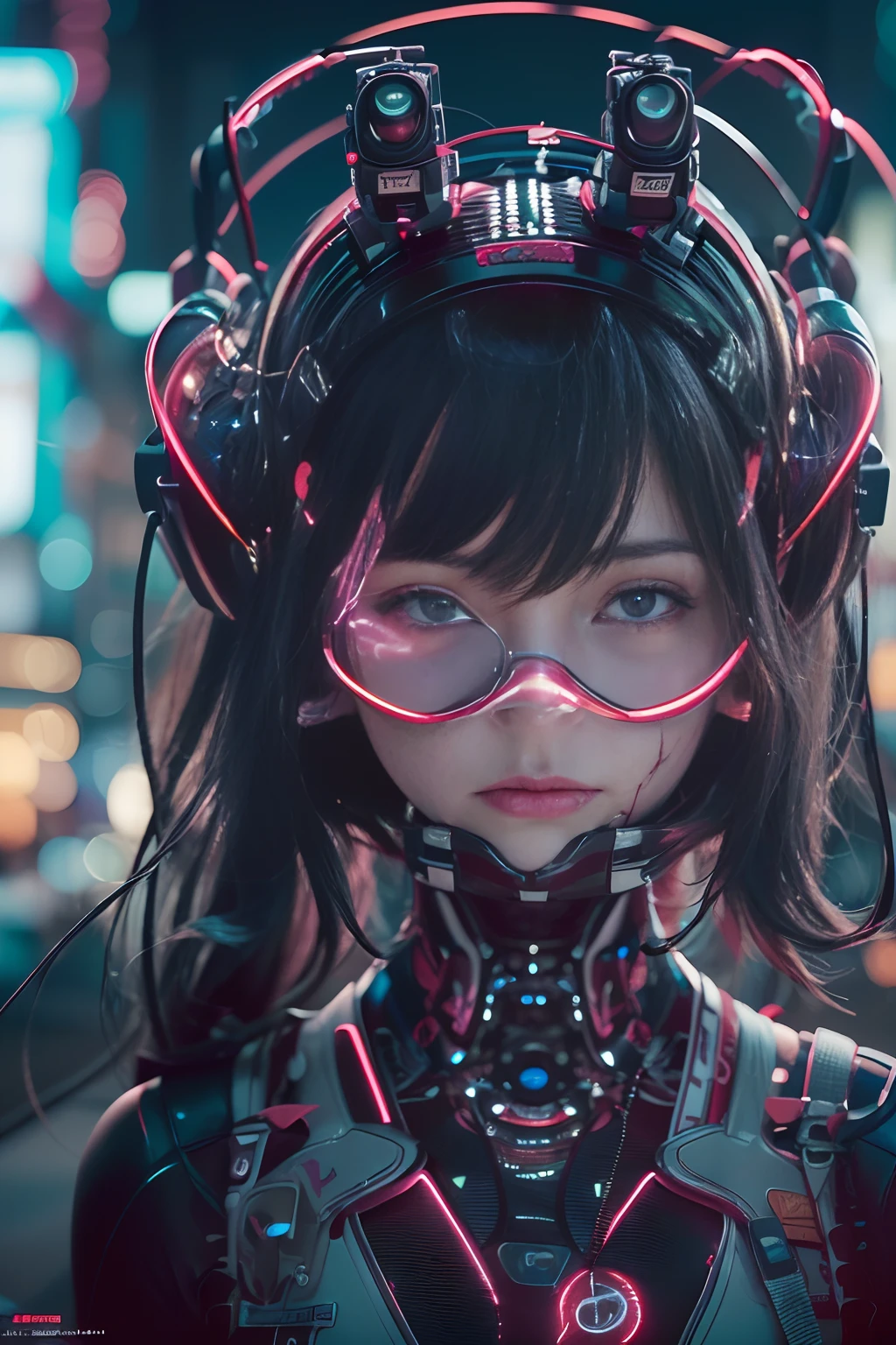 of the highest quality, masutepiece, Ultra High Resolution, ((Photorealistic: 1.4), Raw photo, 1 Cyberpunk Girl, Black hair, Glossy skin, 1 Mechanical Girl, (super realistic details)), Cinematic lighting, Deep Shadows, Octane Rendering, 8K, ultrasharp, Metal, Intricate decoration details, Egyptian details, high intricate detailed, Realistic light, Trends in CG, Facing the camera, neon details, Mechanical limbs, blood vessels connected to tubes, Mechanical vertebrae attached to the back, Mechanical cervical attachment to the neck, Wires and cables connecting to the head, Evangelion, Small glowing LED lamp, (Dazzling cyberpunk city streets in the background).