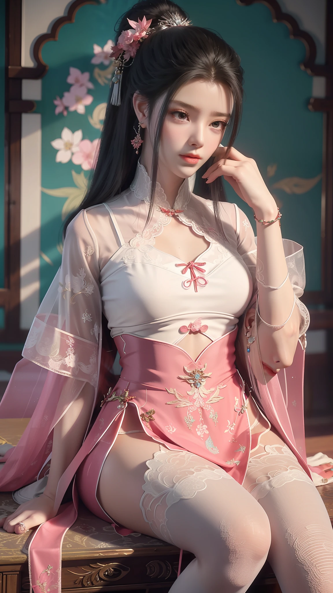 8K Ultra HD, Masterpiece, Best quality, (A girl), A beautiful girl, Long hair, Impressive hairstyle, Royal hair accessories, Nice and cute face, Flawless face, Jewelry earrings, Antique jewelry, details eyes, Beautiful eyes, meticulous makeup, Thin eyebrows, Beautiful red lips, Lace bra, huge tit, Pink mesh socks, Thin pink silk shirt,Looming, There are many white patterns, Pink lace shirt bra, Long bangs and long platinum-red ponytail, Realistic colors, Magic effects, ancient hanfu background, Sitting, Full body capture,