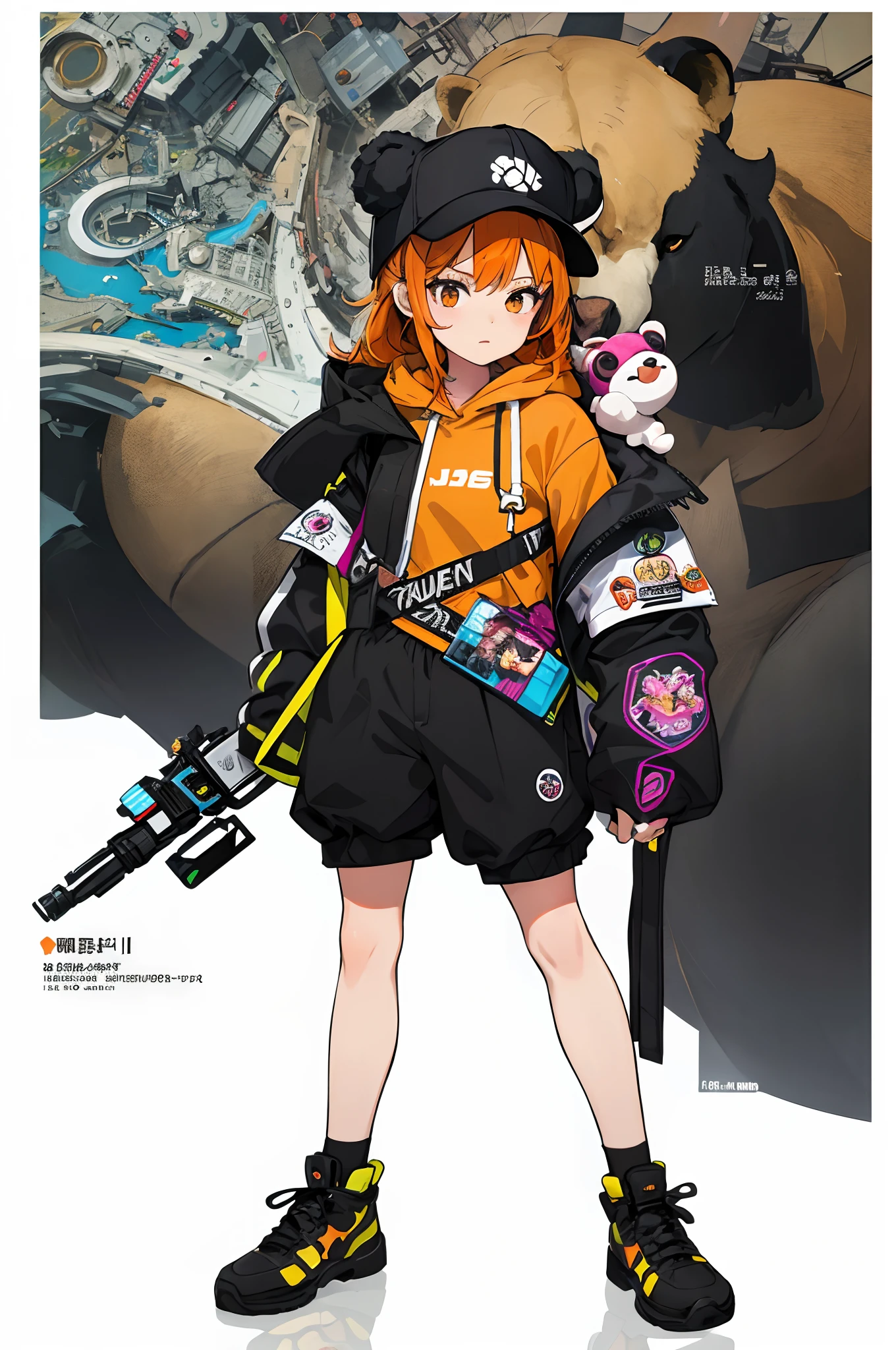masterpiece, top-quality, Official art, 8k wallpaper, ighly detailed, illustratio, 1 girl in, Orange hair, shortpants、hooded sweatshirt, Bear motif on hat