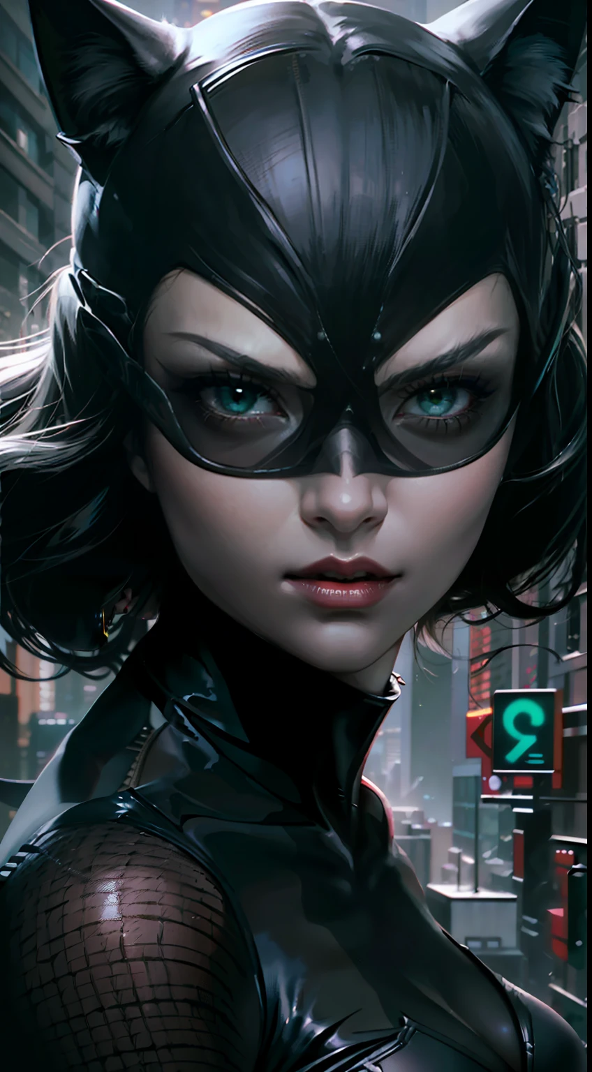 Background Gotham City，Batman Catwoman in a black suit stands in the middle of the city, Extremely detailed Artgerm, Cat woman, Catwoman, Style Artgerm, wojtek fus, cgsociety - w 1 0 2 4 - n 8 - i, IG model | Art germ,（realisticlying：1.2），（hentail realism），（tmasterpiece：1.2），（best qualtiy），（Hyper-detailing），（8K，4K，复杂），（full body shot shot：1），（85mm），Particle light，illuminating，（high detal：1.2），（Detailed face：1.2），largeeyes，beautiful goddess woman，putting makeup on，s the perfect face，Perfect lighting，1girll，DC Super Hero Movie，Catwoman in Batman，neko girl，brunette color hair，（Catwoman Selina Kyle），short detailed hair，（Hands stretch out sharp claws），Death glow，Serious look， cat paws，Hand with long claws outstretched，The whole body is wrapped in a fur coat，tight leather clothes，Sexy set，（Openwork onesies），high-heels，Thin waist and thick hips，long leges，huge boob，（Glowing skin），Glowing skin，The wind blows to the top，White aura of power，green pupills，Gravel background，Broken ground，Full moon in downtown Gotham，（finelydetailedskin：1.3），cinematric light，edge lit，超高分辨率，Best shadow，delicated，octanerender，unreal-engine，Stroll through the high-rise buildings of Gotham City，Fighting posture，