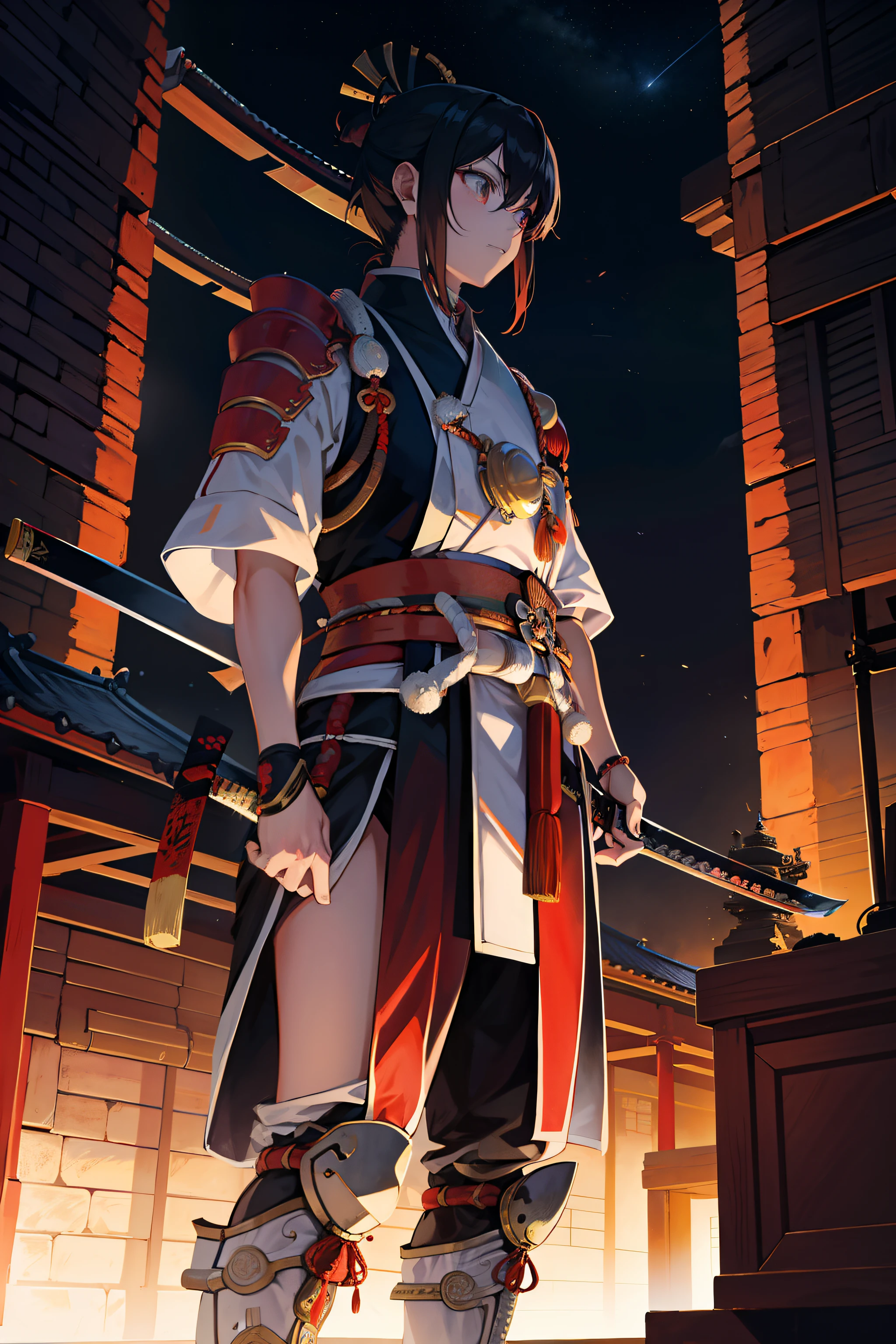SakuraNS,Ancient temples in the future city,The samurai holds a katana,Spaceship,Dunhuang color scheme