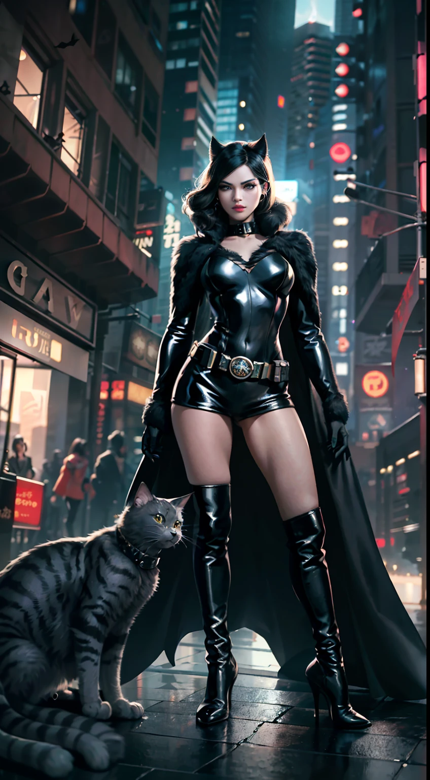 Background Gotham City,Batman Catwoman in a black suit stands in the middle of the city, Extremely detailed Artgerm, Cat woman, Catwoman, Style Artgerm, wojtek fus, cgsociety - w 1 0 2 4 - n 8 - i, IG model | Art germ,(realisticlying:1.2),(hentail realism),(tmasterpiece:1.2),(best qualtiy),(Hyper-detailing),(8K,4K,复杂),(full body shot shot:1),(85mm),Particle light,illuminating,(high detal:1.2),(Detailed face:1.2),largeeyes,beautiful goddess woman,putting makeup on,s the perfect face,Perfect lighting,1girll,DC Super Hero Movie,Catwoman in Batman,neko girl,brunette color hair,(Catwoman Selina Kyle),short detailed hair,(Hands stretch out sharp claws),Death glow,Serious look, cat paws,Hand with long claws outstretched,The whole body is wrapped in a fur coat,tight leather clothes,Sexy set,(Openwork onesies),high-heels,Thin waist and thick hips,long leges,huge boob,(Glowing skin),Glowing skin,The wind blows to the top,White aura of power,green pupills,Gravel background,Broken ground,Full moon in downtown Gotham,(finelydetailedskin:1.3),cinematric light,edge lit,超高分辨率,Best shadow,delicated,octanerender,unreal-engine,Stroll through the high-rise buildings of Gotham City,Fighting posture,