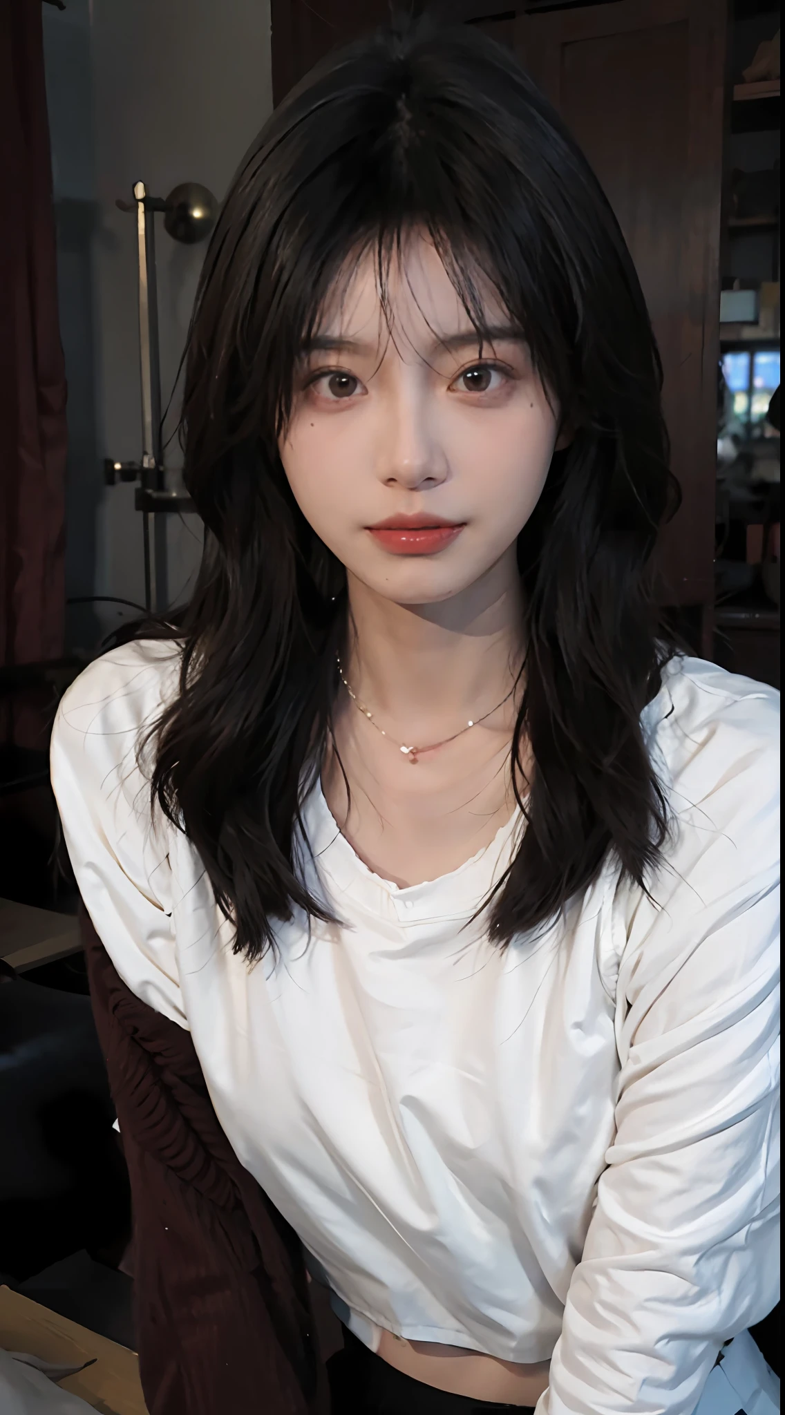 best qualtiy， 超高分辨率， （realisticlying：1.4），Baoyu Girl，1girll, Long straight hair，Cropped red sweater，a sense of atmosphere，Beautiful woman with a slim figure:1.4, Abs:1.1,,Ultra-fine face，Elaborate Eyes，二重まぶた，choker necklace