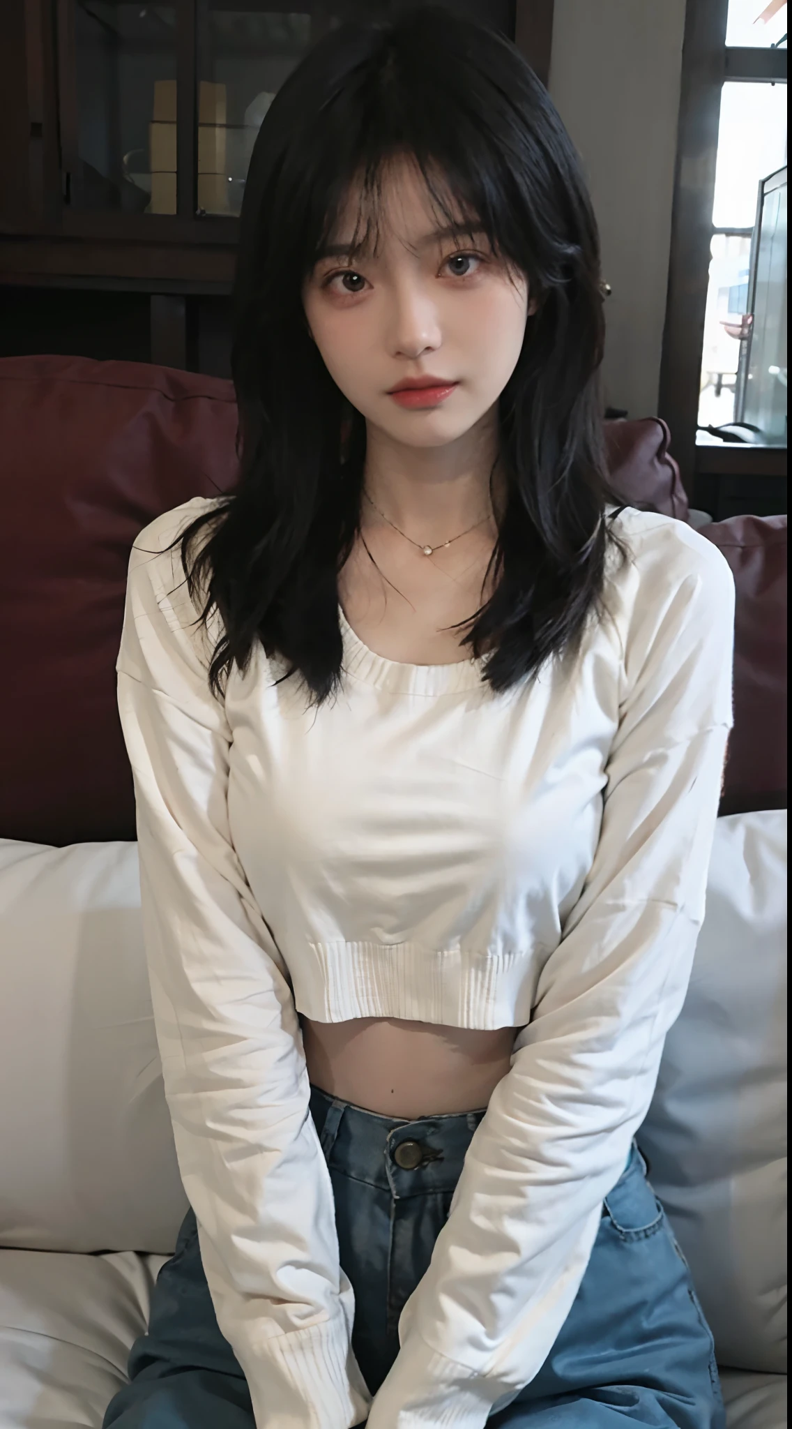 best qualtiy, 超高分辨率, (realisticlying:1.4),Baoyu Girl,1girll, Long straight hair,Cropped red sweater,a sense of atmosphere,Beautiful woman with a slim figure:1.4, Abs:1.1,,Ultra-fine face,Elaborate Eyes,二重まぶた,choker necklace