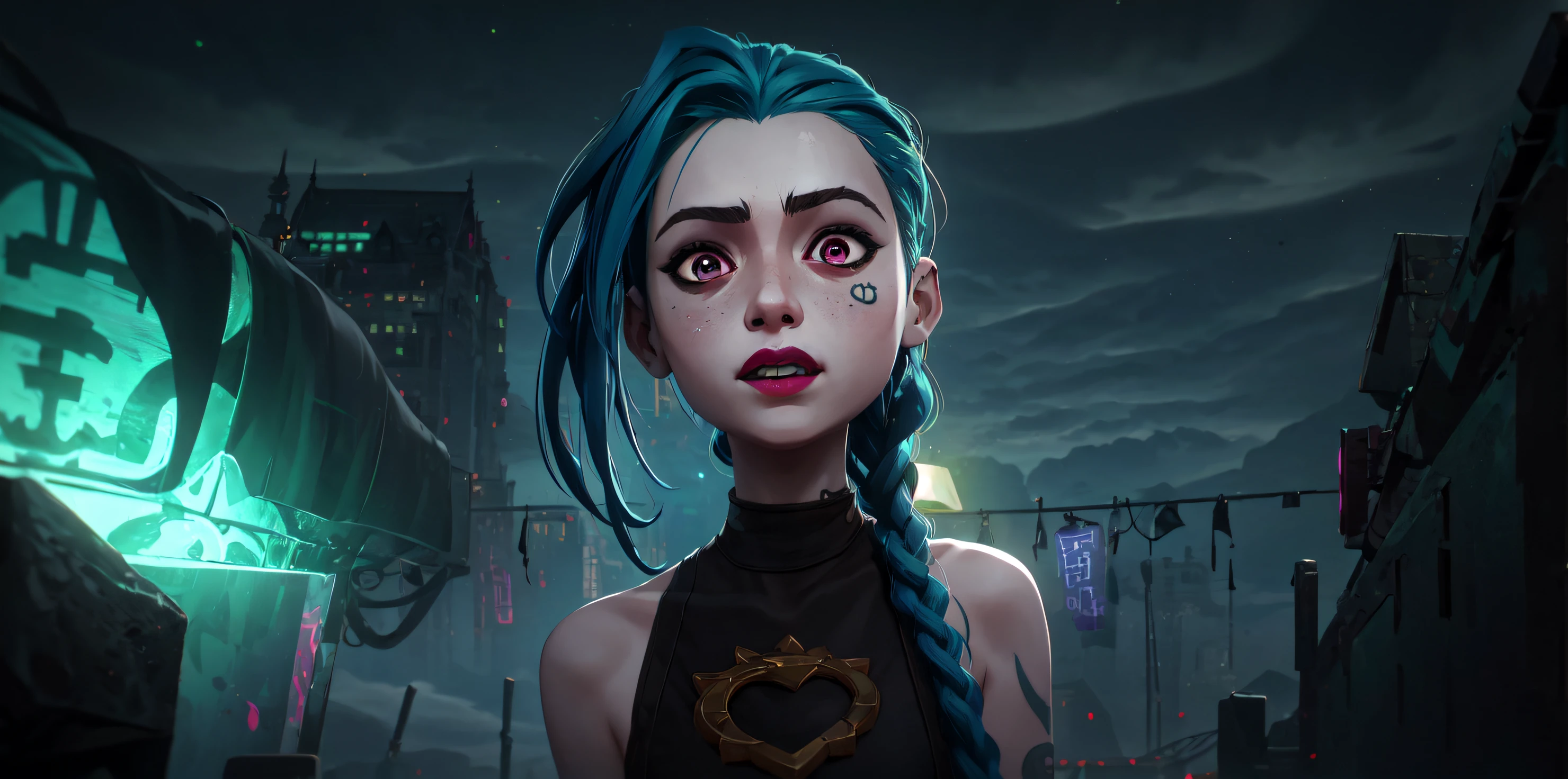 face focus, portrait, crazy, insanity, glowing pink eyes,arcane style, 1girl, arm tattoo, asymmetrical bangs, bangs, blue hair, braid, brown shirt, cloud tattoo, looking at viewer, laughing, crazy, uncontrollable laugh, mad look, night, city, green hair, long hair, midriff, pink eyes, red lips, shirt, solo, standing, tattoo, twin braids, upper body, arcane jinx, jinx \(league of legends\)