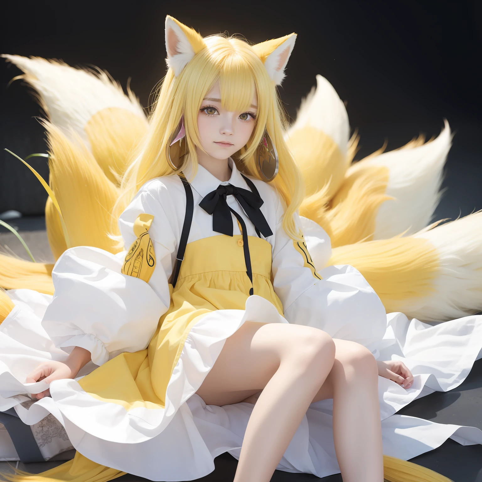 Light yellow hair，It has yellow fox ears and a fox tail，Yellow pupils，Wear yellow and white clothes