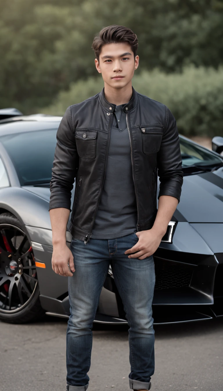 a young boy physically good wearing black shirt jeans that look awsome and dark jacket standing near a supercar and a heliptor on him potrait