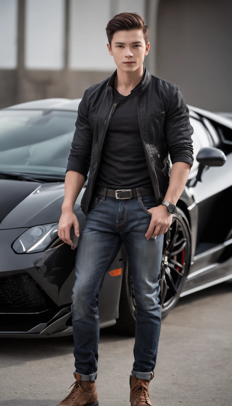 a young boy physically good wearing black shirt jeans that look awsome and dark jacket standing near a supercar and a heliptor on him potrait