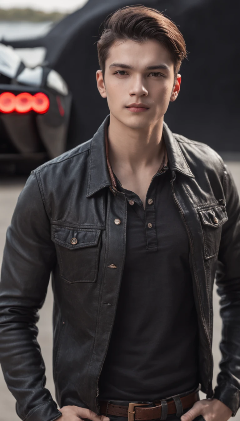 a young boy physically good wearing black shirt jeans that look awsome and dark jacket standing near a supercar and a heliptor on him potrait