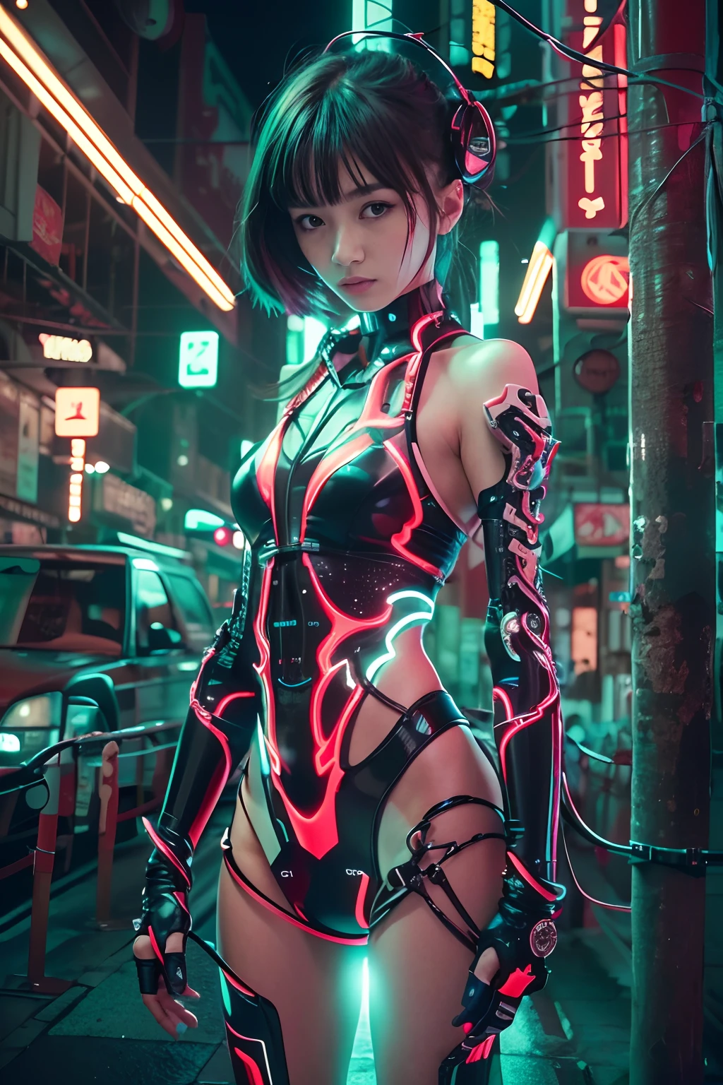 of the highest quality, masutepiece, Ultra High Resolution, ((Photorealistic: 1.4), Raw photo, 1 girl, Black hair, Glossy skin, 1 Mechanical Girl, (super realistic details)), Cinematic lighting, Deep Shadows, Octane Rendering, 8K, ultrasharp, Cleavage exposed, Metal, Intricate decoration details, Egyptian details, high intricate detailed, Realistic light, Trends in CG, Facing the camera, neon details, Mechanical limbs, blood vessels connected to tubes, Mechanical vertebrae attached to the back, Mechanical cervical attachment to the neck, Wires and cables connecting to the head, Evangelion, Small glowing LED lamp, (Dazzling cyberpunk city streets in the background).