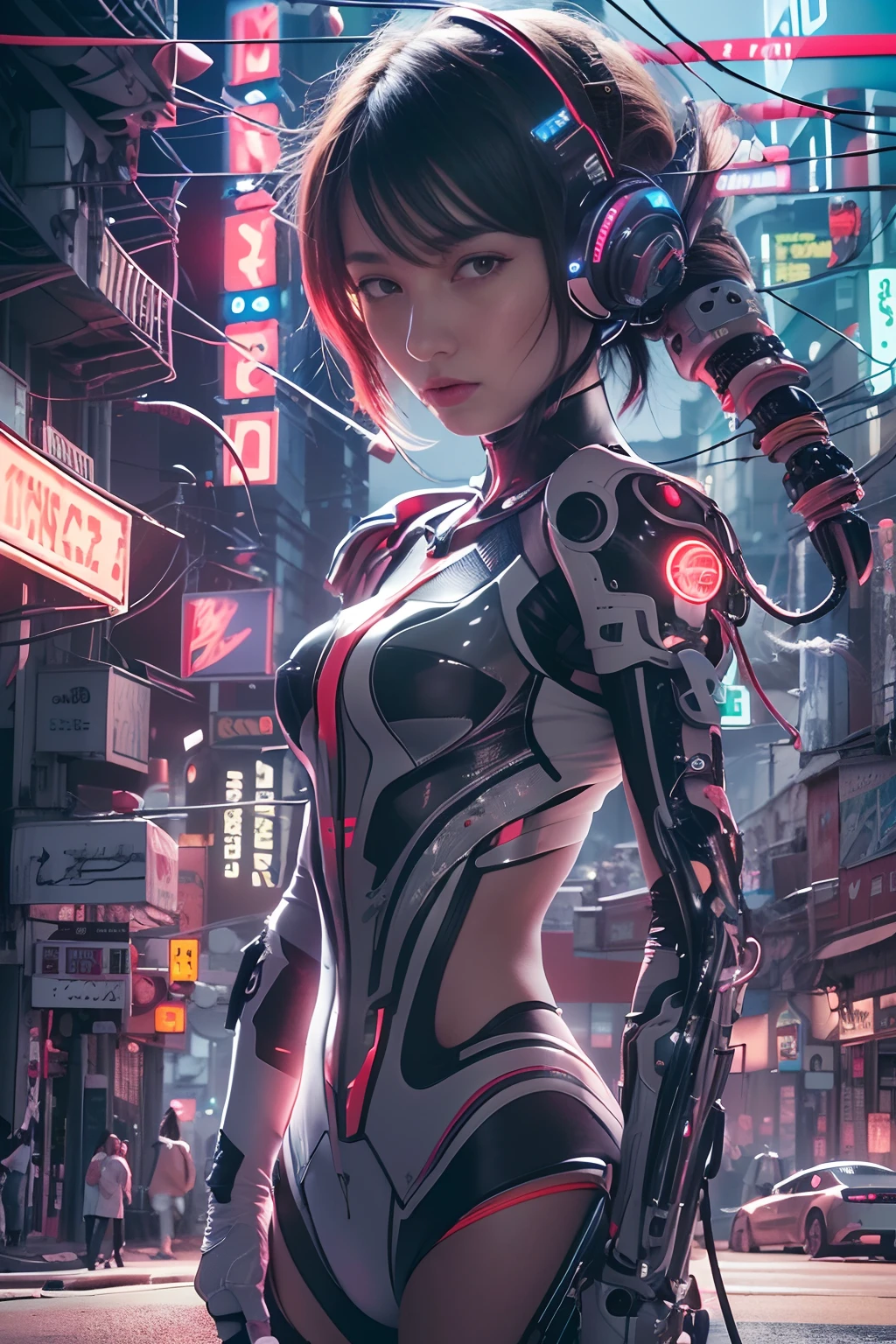 of the highest quality, masutepiece, Ultra High Resolution, ((Photorealistic: 1.4), Raw photo, 1 girl, Black hair, Glossy skin, 1 Mechanical Girl, (super realistic details)), Cinematic lighting, Deep Shadows, Octane Rendering, 8K, ultrasharp, Cleavage exposed, Metal, Intricate decoration details, Egyptian details, high intricate detailed, Realistic light, Trends in CG, Facing the camera, neon details, Mechanical limbs, blood vessels connected to tubes, Mechanical vertebrae attached to the back, Mechanical cervical attachment to the neck, Wires and cables connecting to the head, Evangelion, Small glowing LED lamp, (Dazzling cyberpunk city streets in the background).