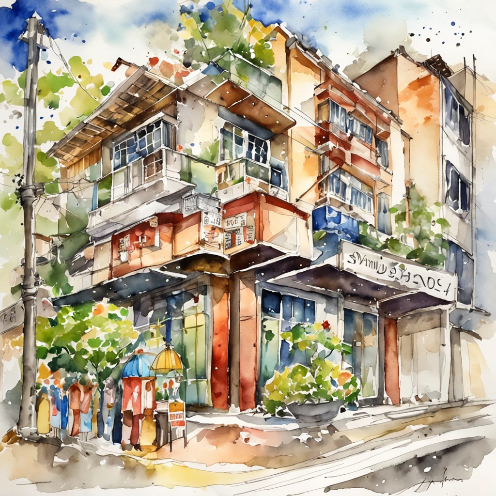 A big city in the style of Elysium Disco, Watercolor expressionist, There is a building,There is a sign on the front, full - view, author:Sengai, sen no rikyu, high-end onsen, iwakura, up front view, kantoku, mushoku tensei, omina tachibana, tsukasa hojo, up front view, frontage, inspired by Tōshi Yoshida